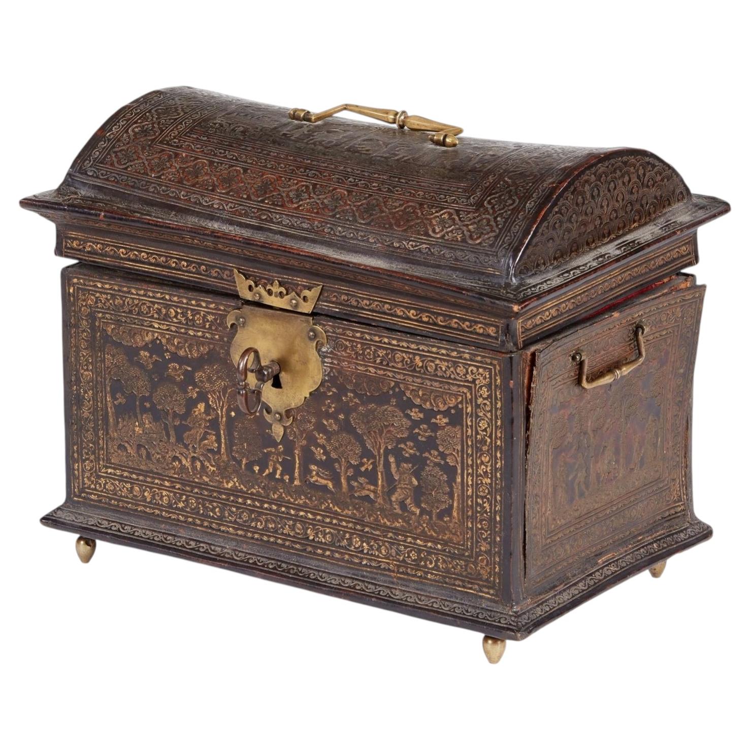 Rare 17th c. Tooled Leather Jewelry Box