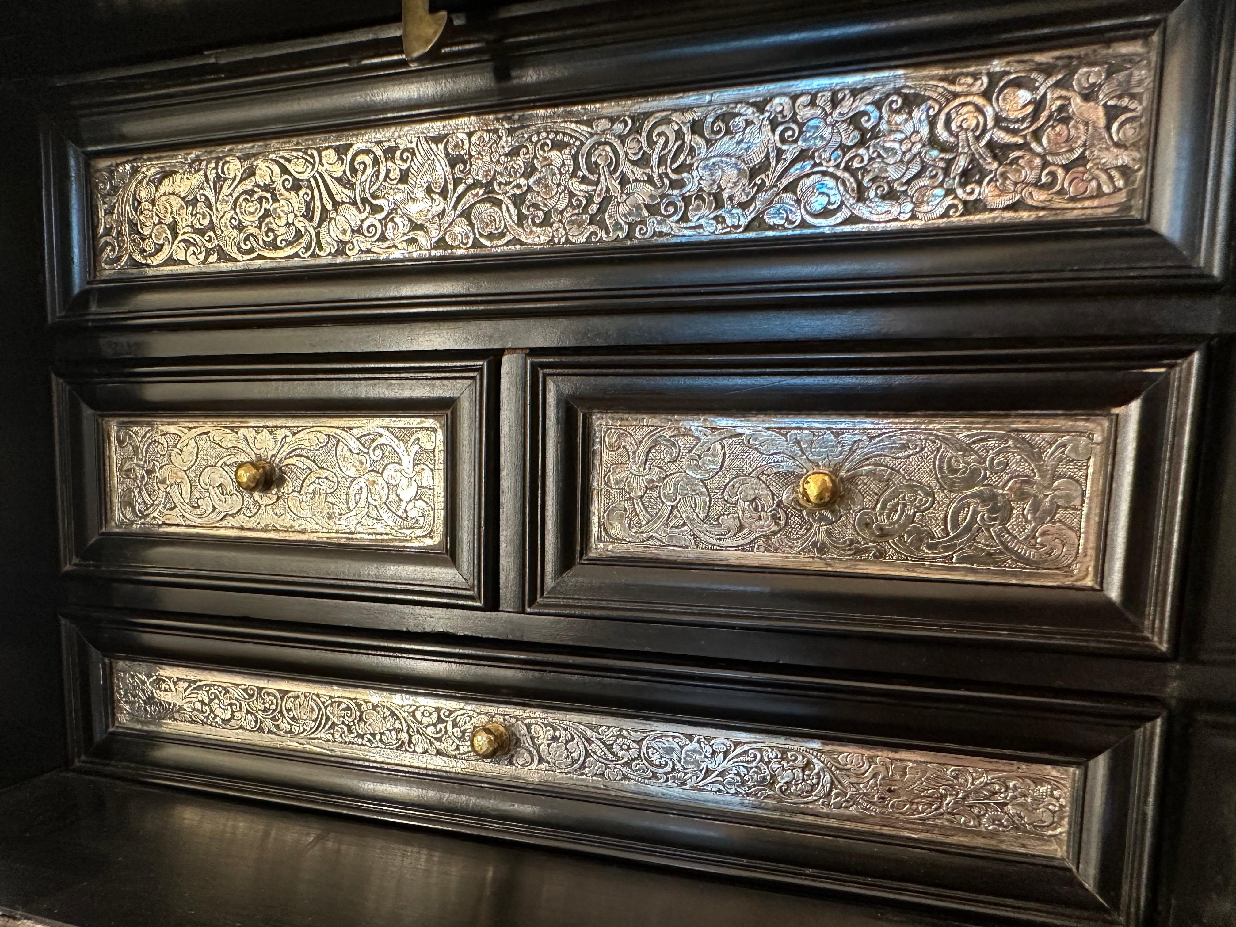 Rare 17th Century Baroque Ebony with Silver Cabinet, Antwerp, Wunderkammer For Sale 10