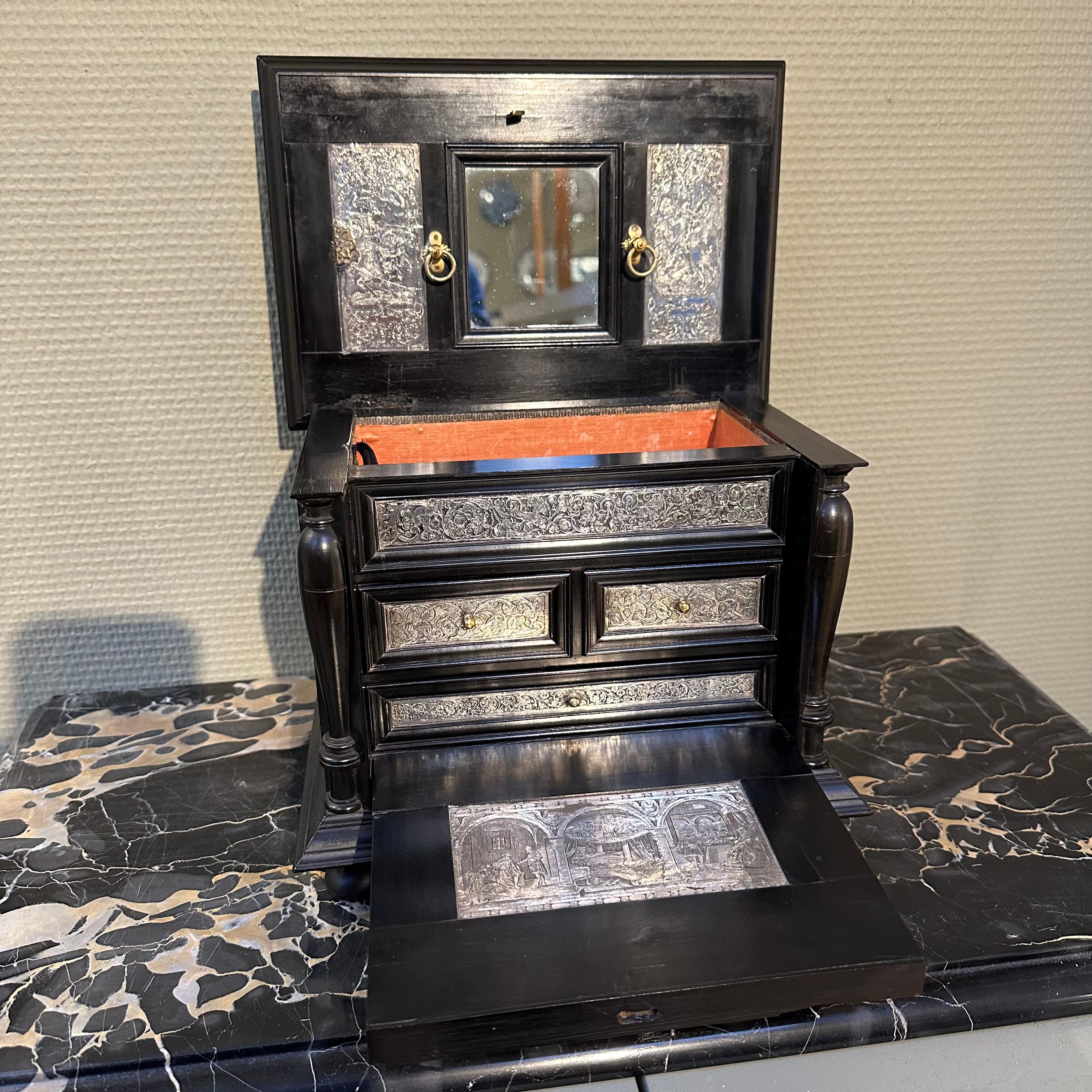 Inlay Rare 17th Century Baroque Ebony with Silver Cabinet, Antwerp, Wunderkammer For Sale
