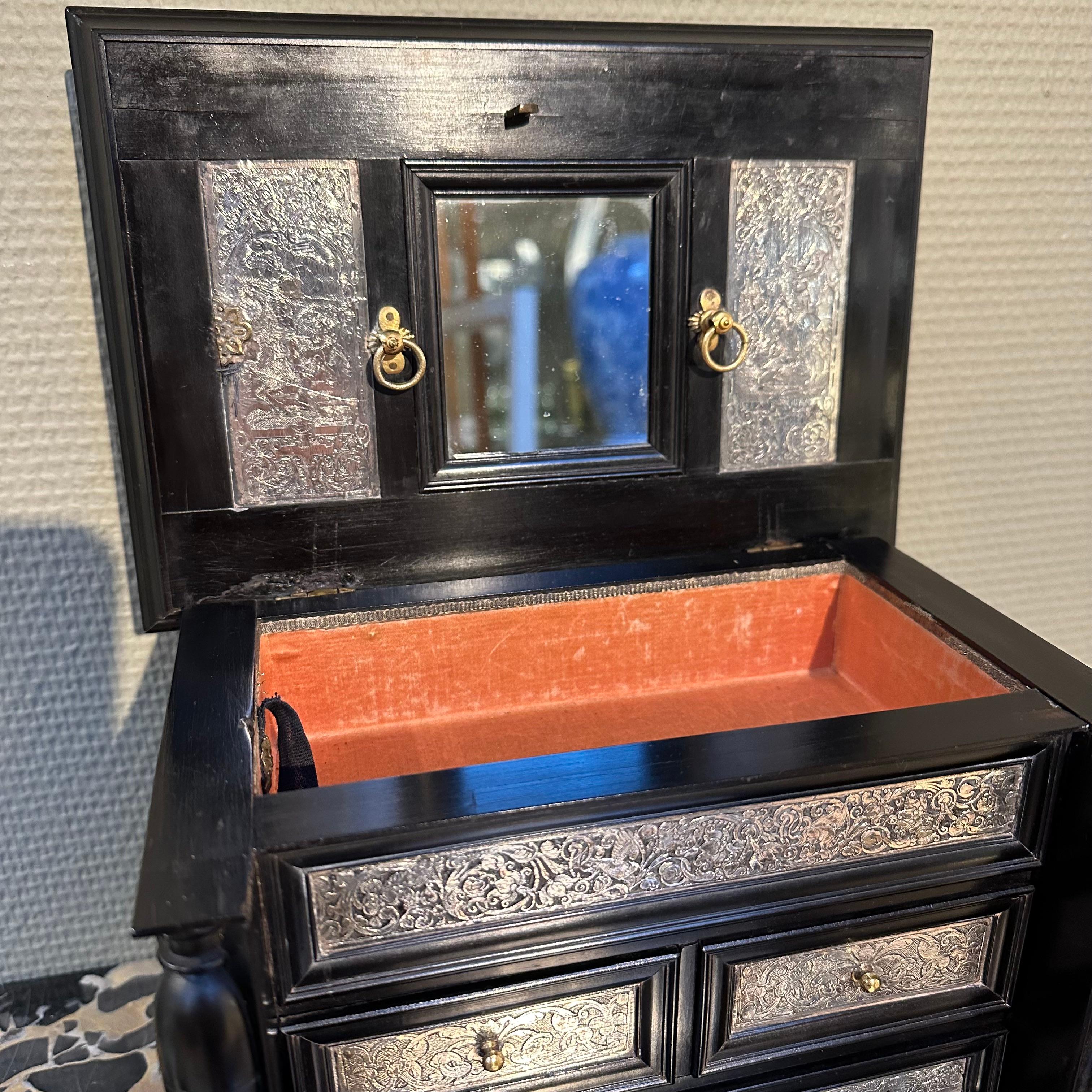 Rare 17th Century Baroque Ebony with Silver Cabinet, Antwerp, Wunderkammer For Sale 1
