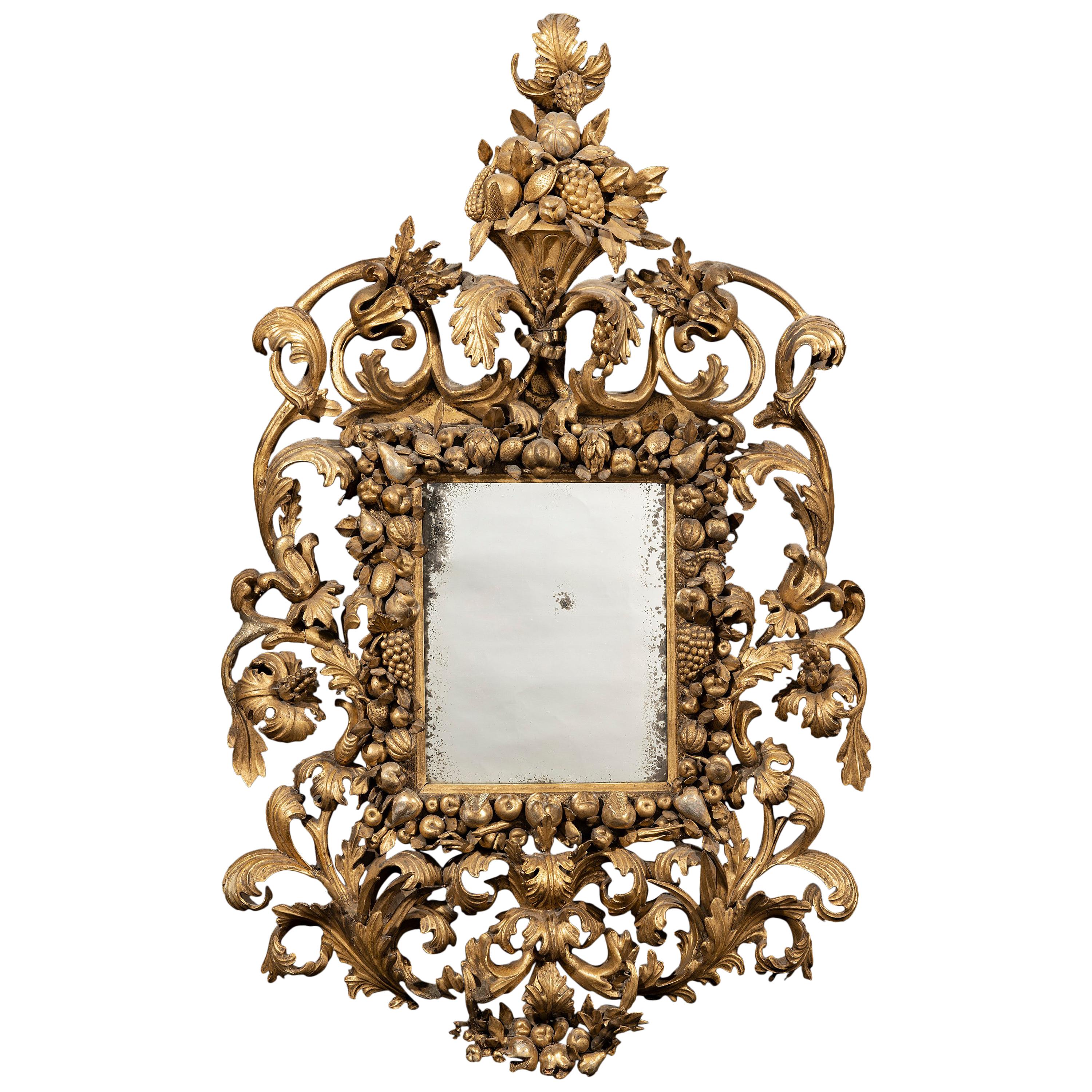 Rare 17th Century Carved Giltwood and Gesso Mirror from Florence For Sale