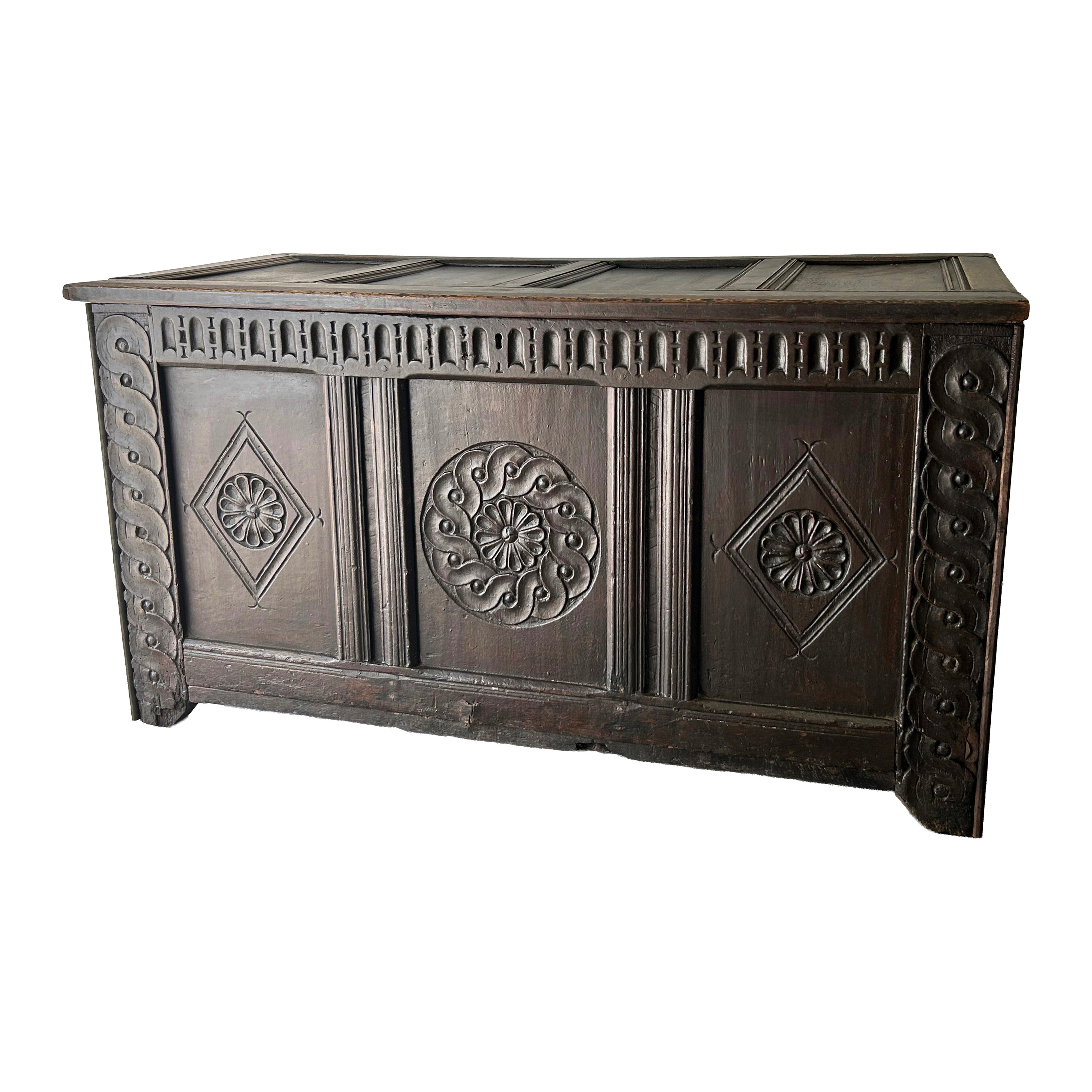 Rare 17th Century Carved Oak Coffer Charles II Period Circa 1660-1680