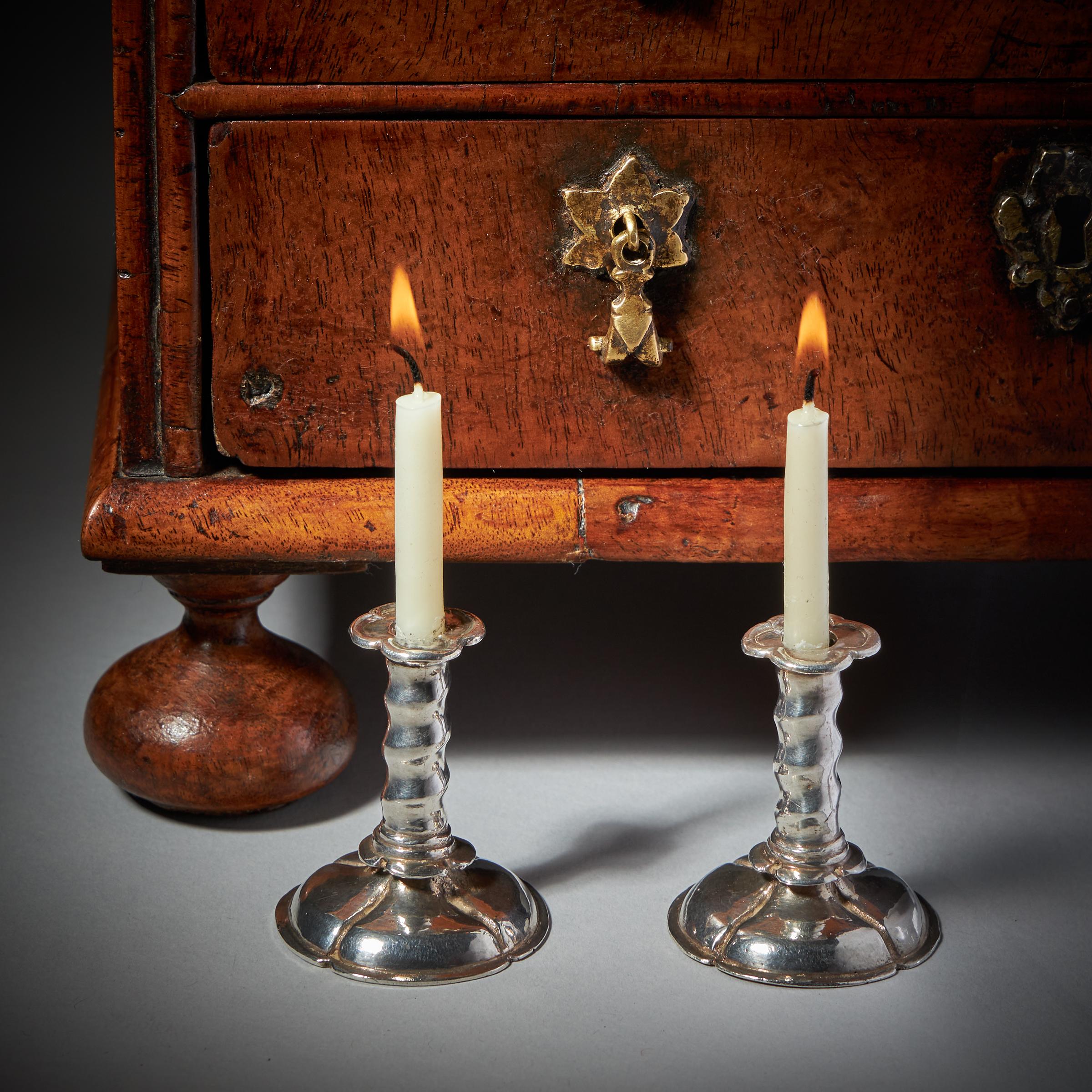Rare 17th Century Charles II Miniature Silver Trumpet Form Candlesticks , c 1660 9