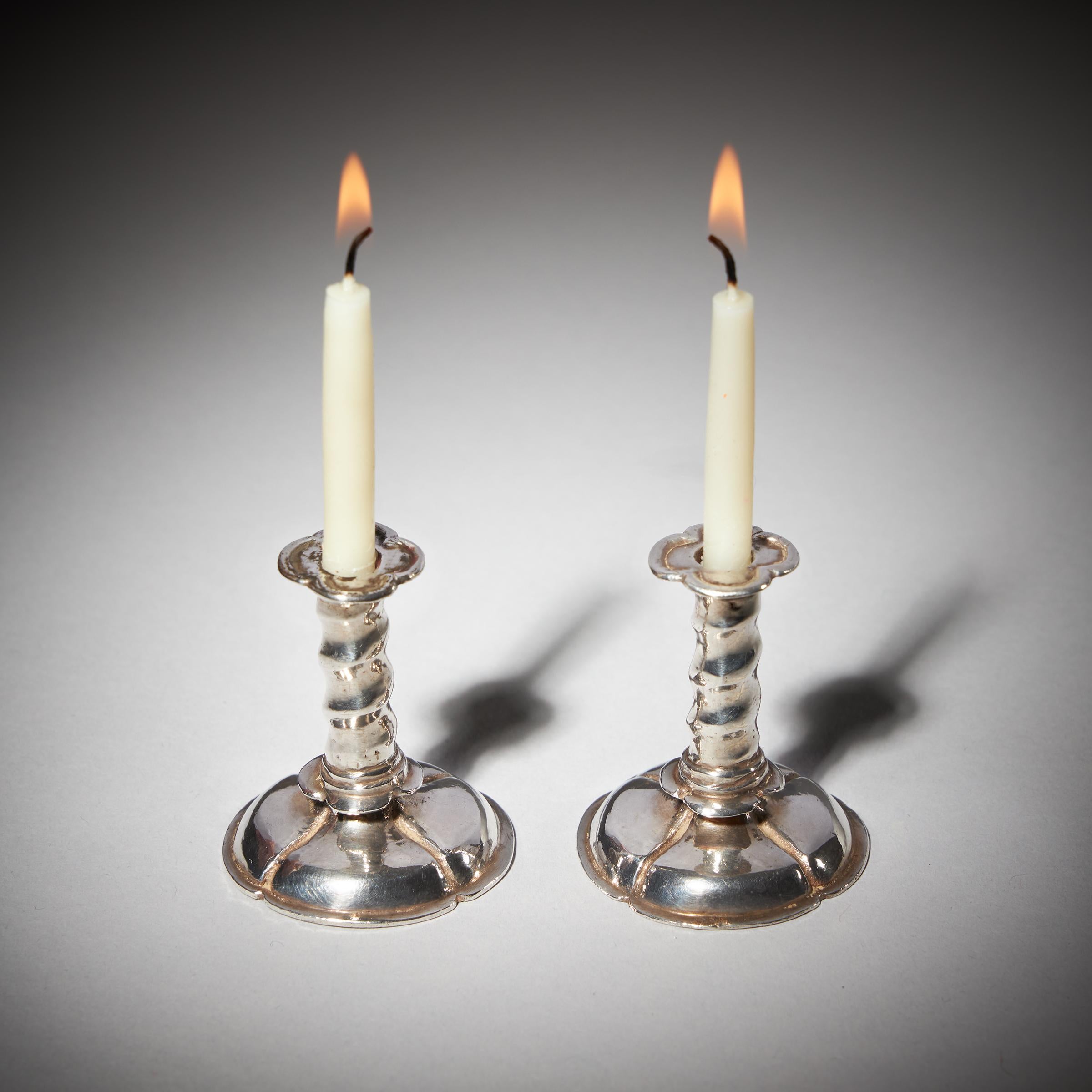 18th Century and Earlier Rare 17th Century Charles II Miniature Silver Trumpet Form Candlesticks , c 1660