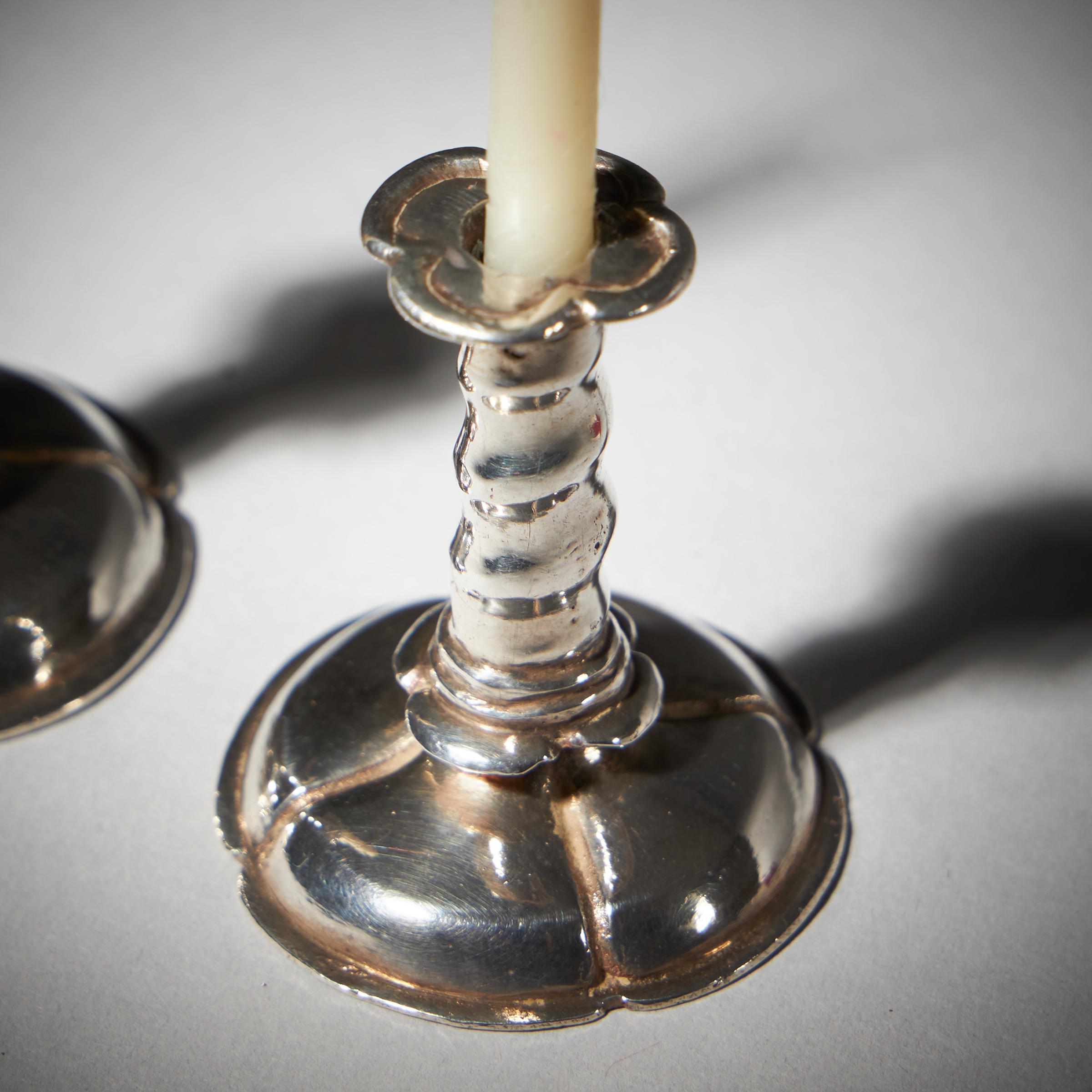 Rare 17th Century Charles II Miniature Silver Trumpet Form Candlesticks , c 1660 1