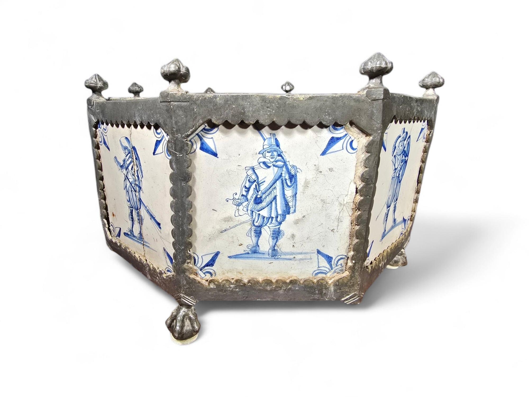 Rare 17th-Century Delft Tile Flower Pot with Tin Hexagonal Frame 5