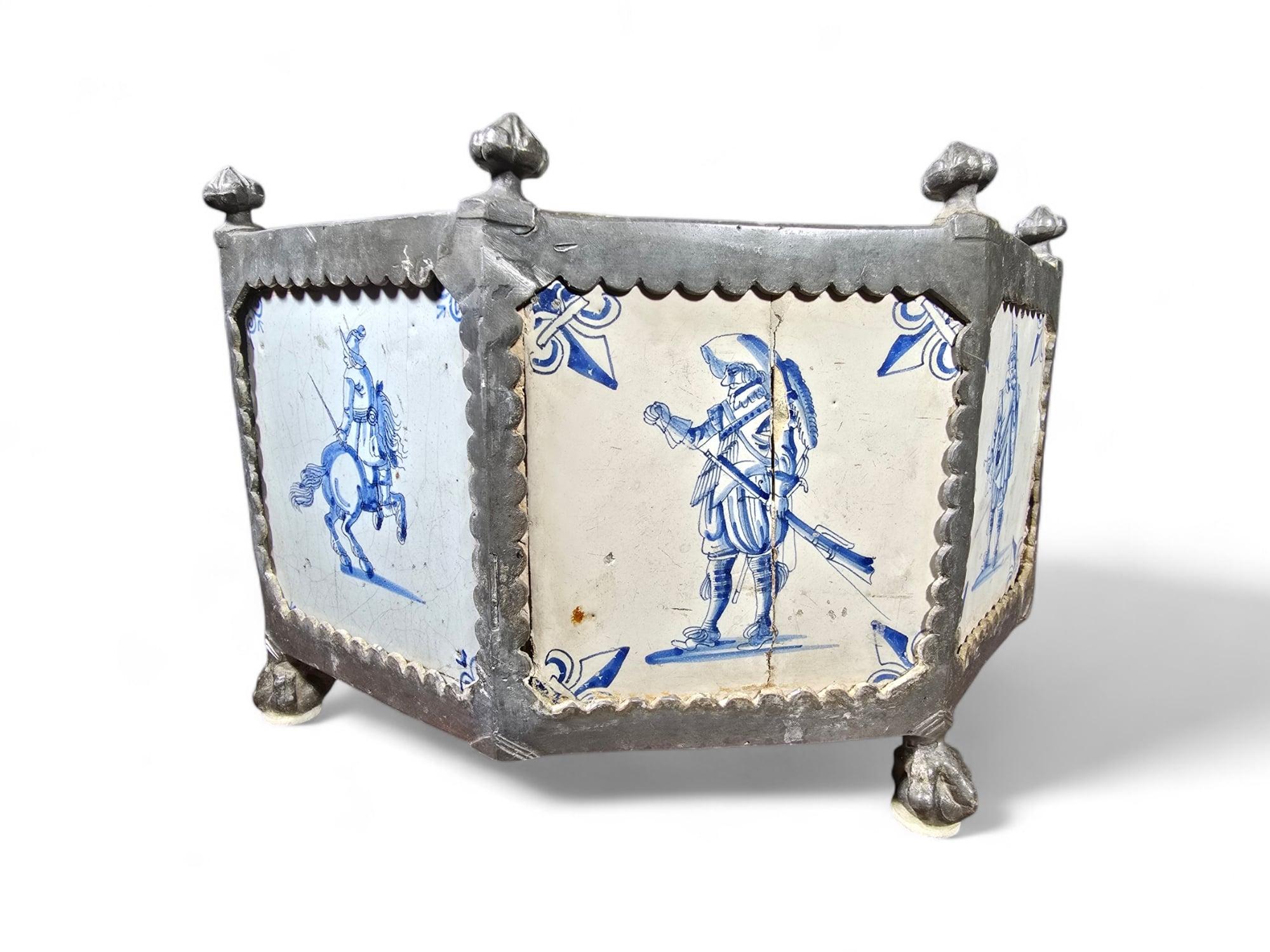 Rare 17th-Century Delft Tile Flower Pot with Tin Hexagonal Frame 6
