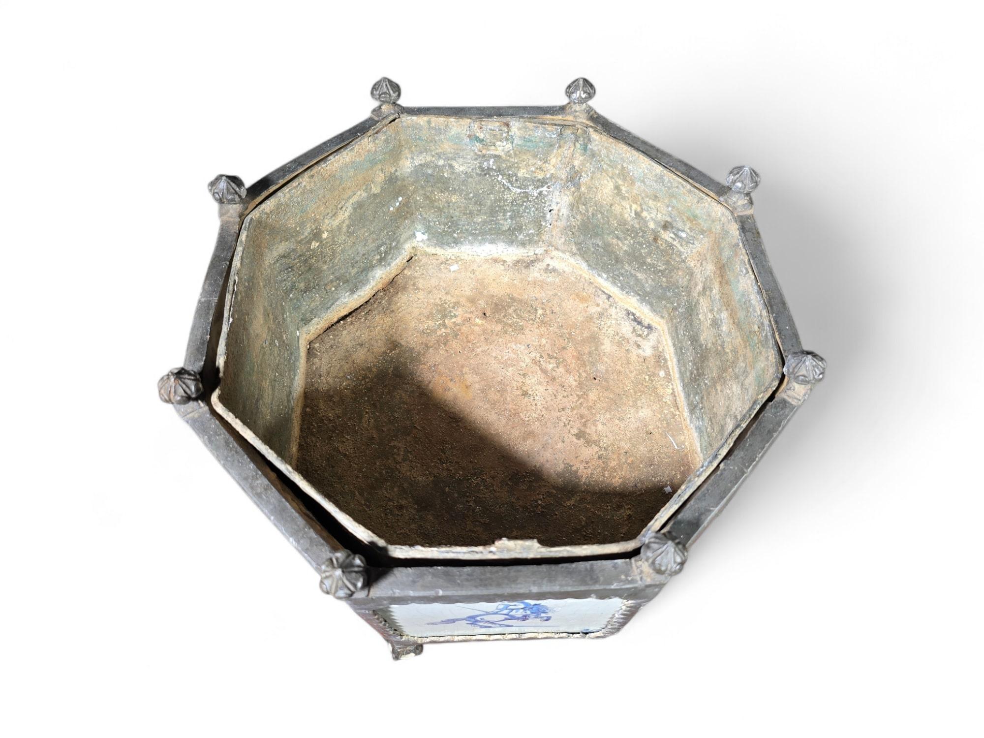 Rare 17th-Century Delft Tile Flower Pot with Tin Hexagonal Frame 7