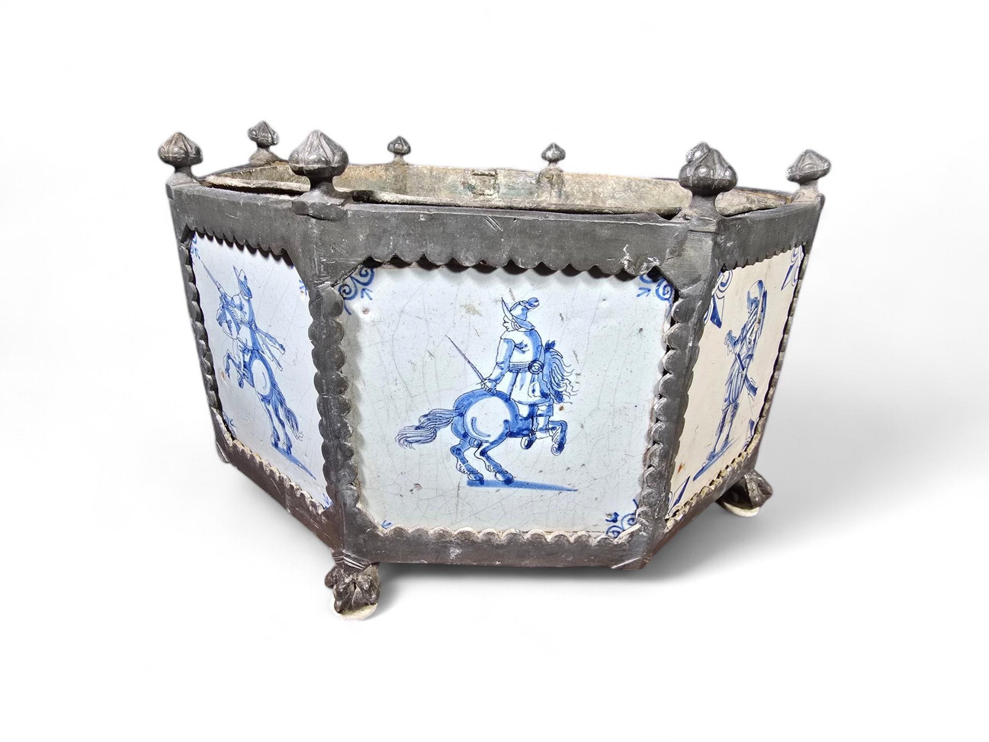 Rare 17th-Century Delft Tile Flower Pot with Tin Hexagonal Frame 8