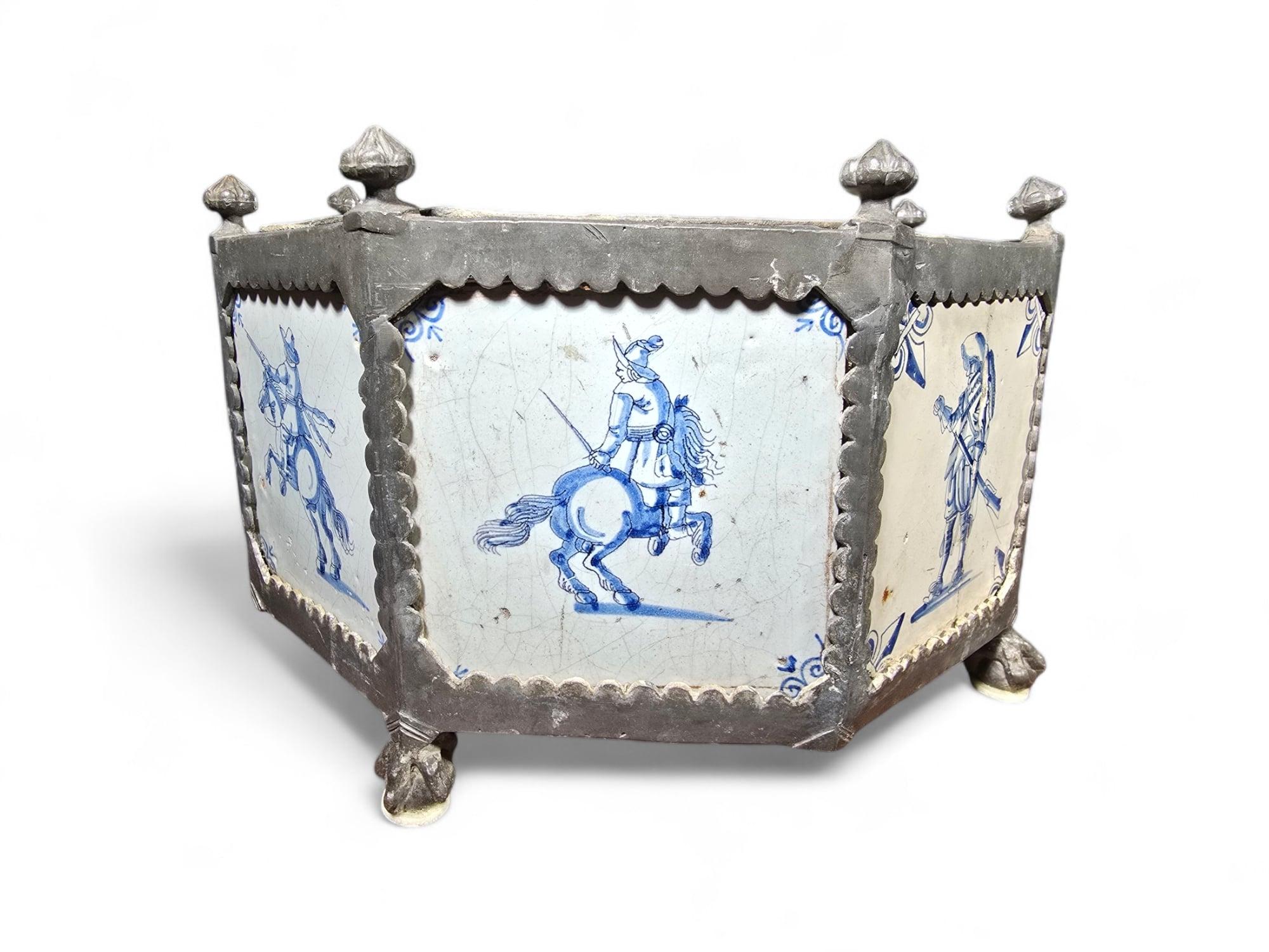 Rare 17th-Century Delft Tile Flower Pot with Tin Hexagonal Frame 9