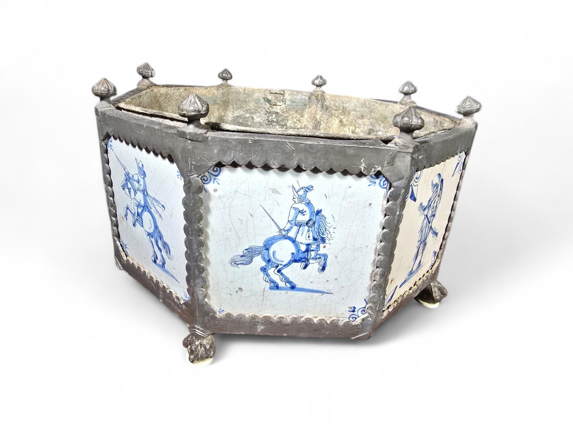 Porcelain Rare 17th-Century Delft Tile Flower Pot with Tin Hexagonal Frame