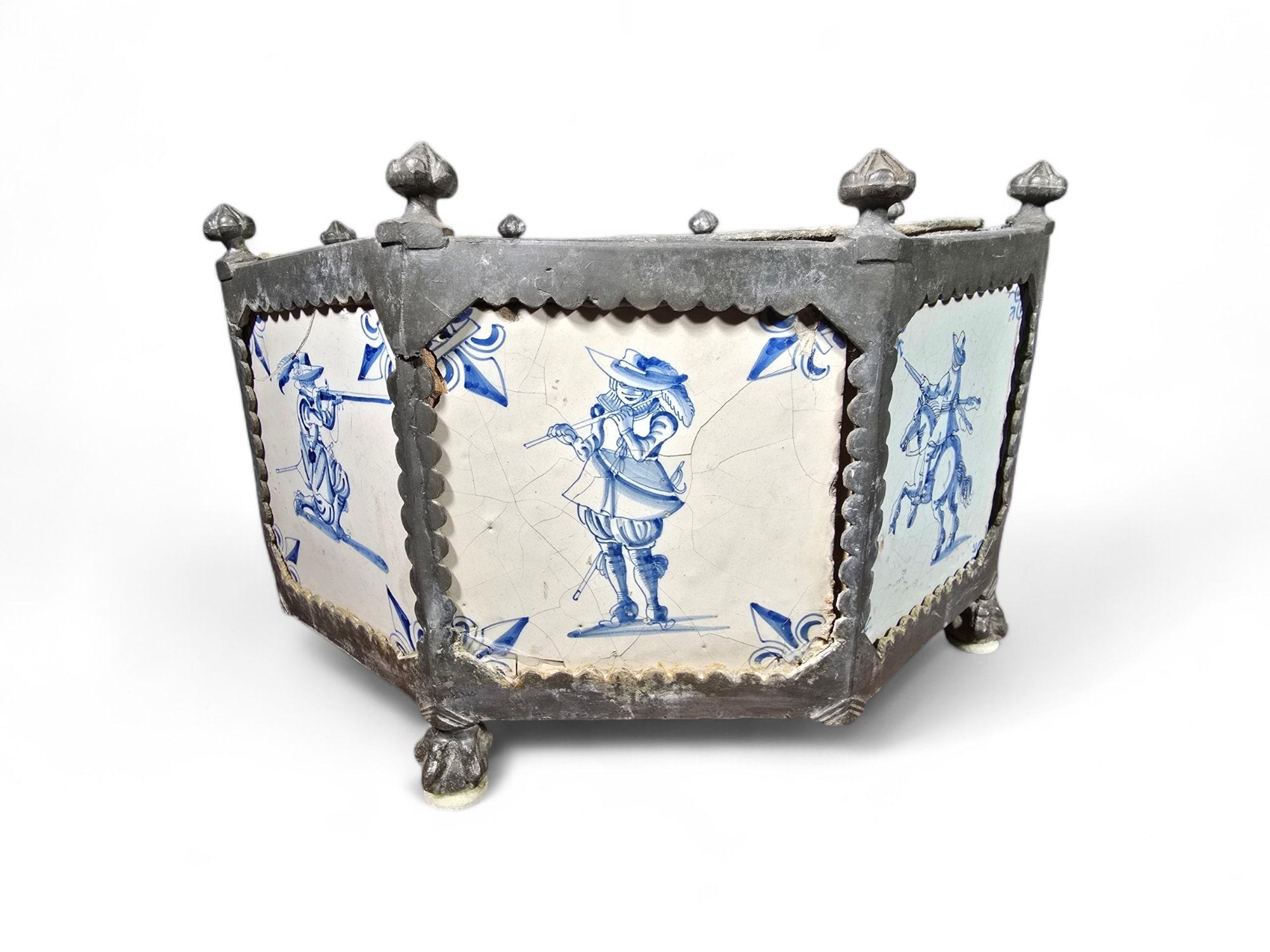 Rare 17th-Century Delft Tile Flower Pot with Tin Hexagonal Frame 1