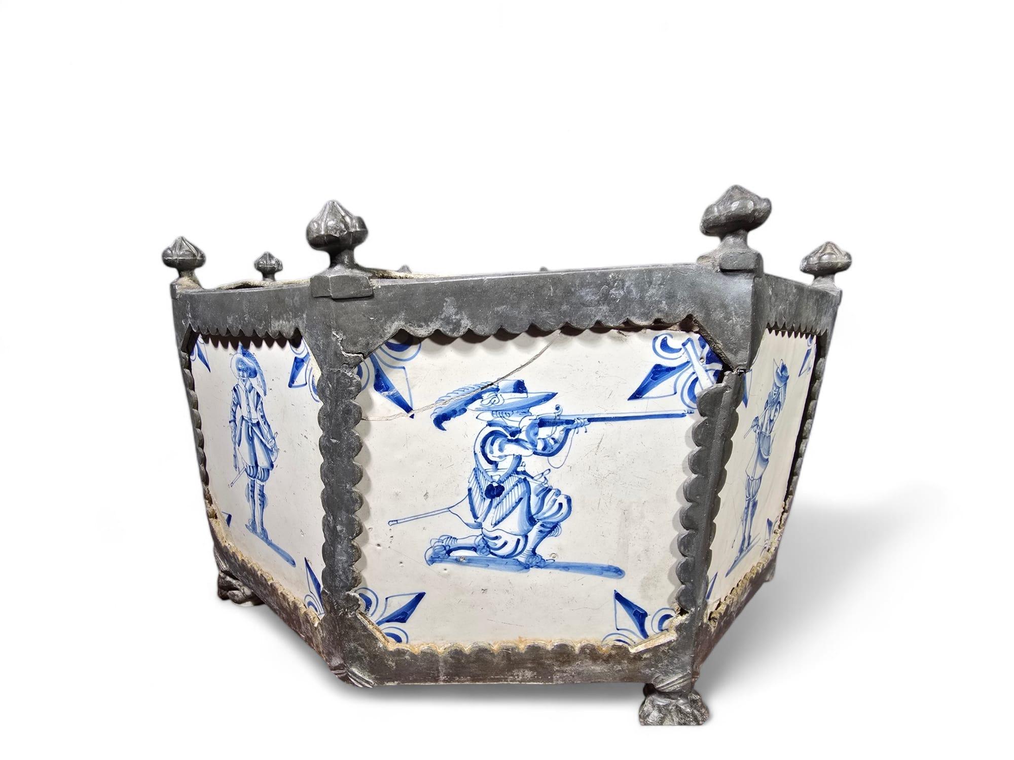 Rare 17th-Century Delft Tile Flower Pot with Tin Hexagonal Frame 2