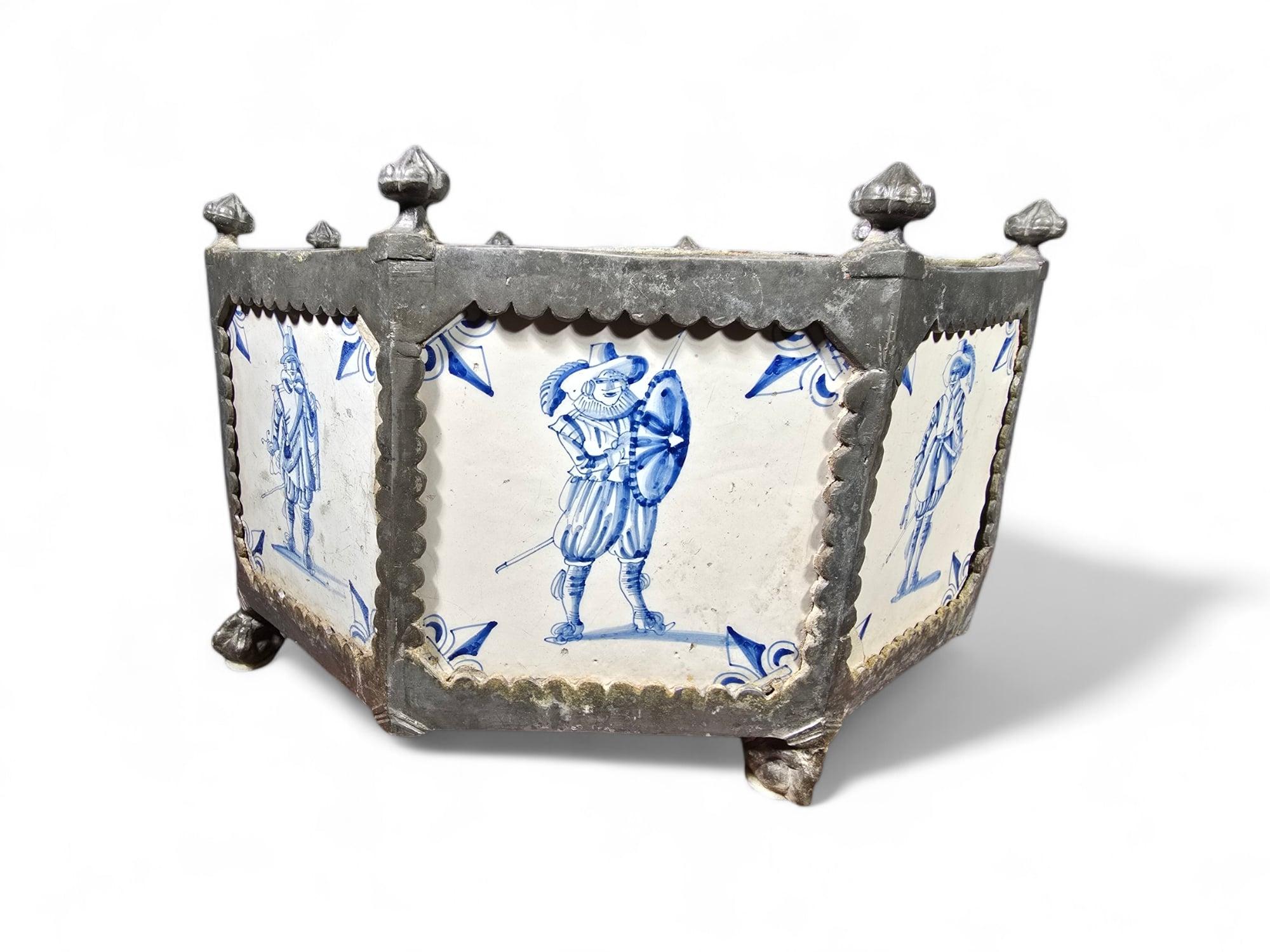 Rare 17th-Century Delft Tile Flower Pot with Tin Hexagonal Frame 3