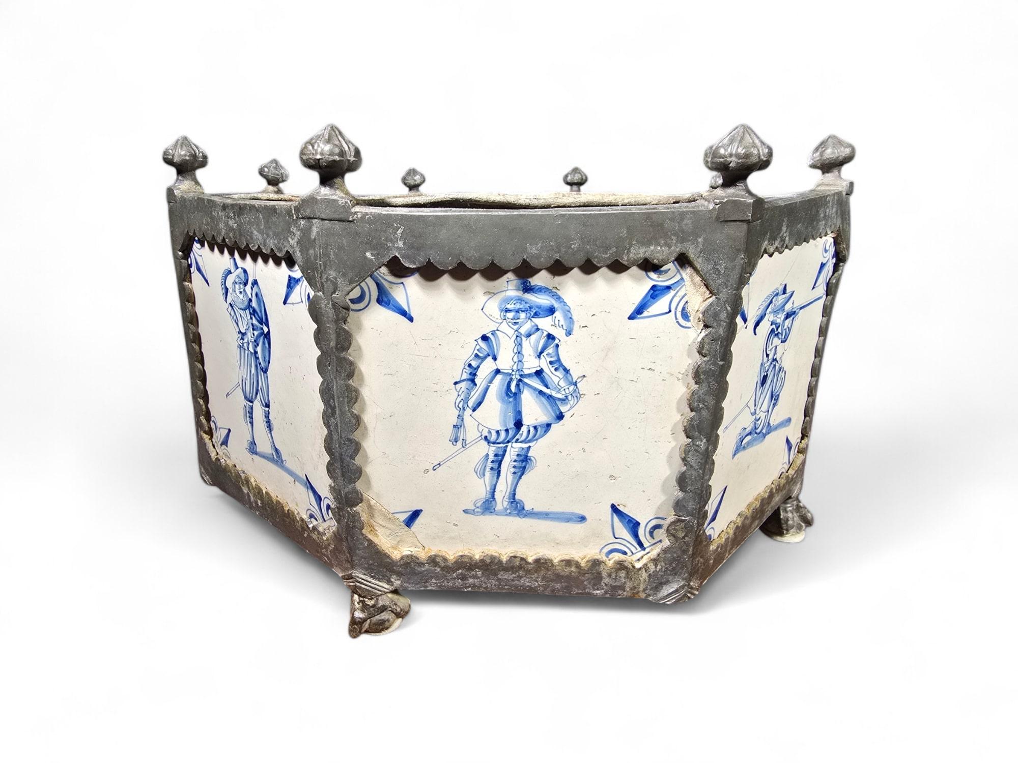 Rare 17th-Century Delft Tile Flower Pot with Tin Hexagonal Frame 4