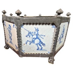 Rare 17th-Century Delft Tile Flower Pot with Tin Hexagonal Frame