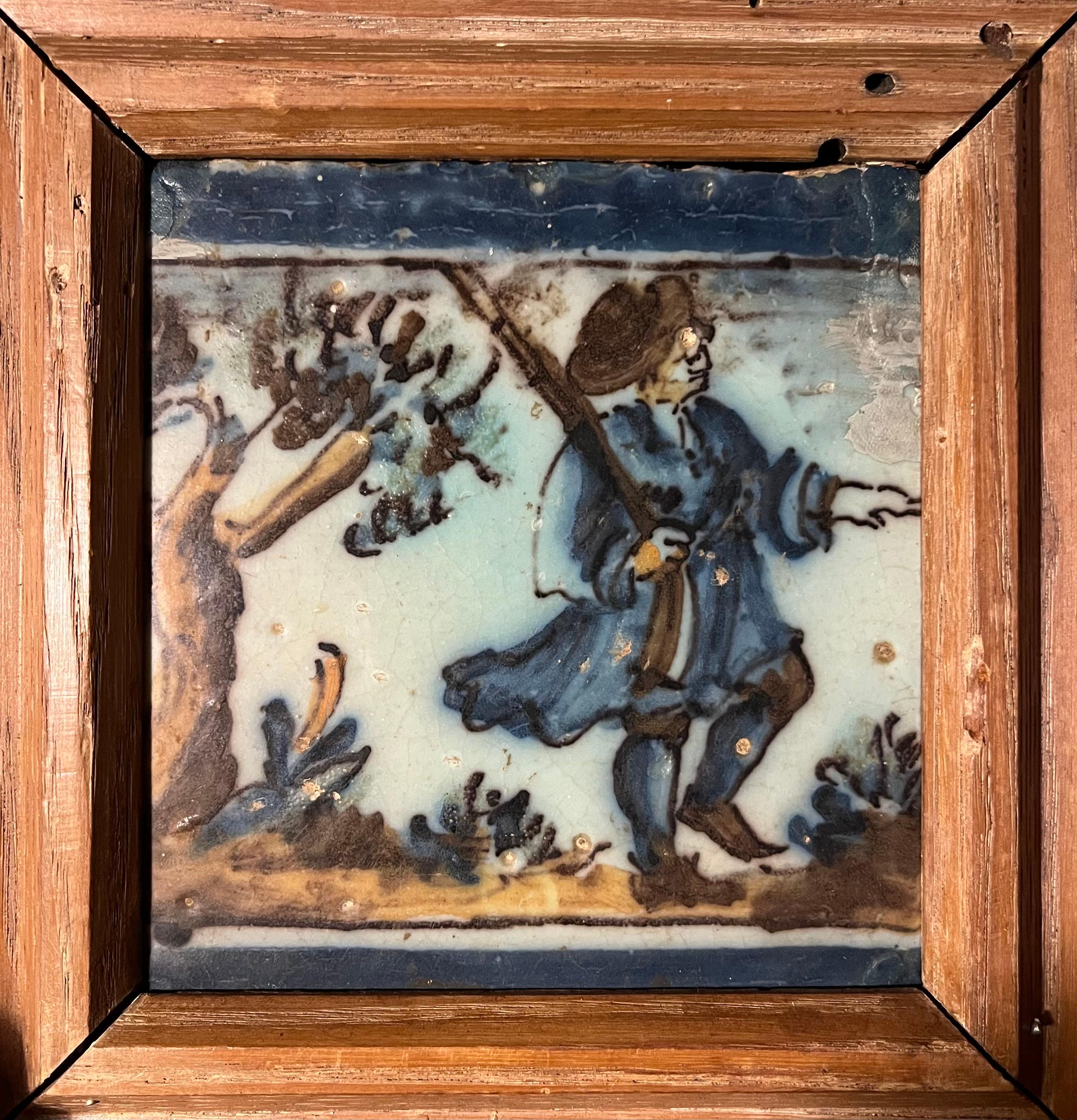 Rare 17th Century Dutch Delft Polychrome Majolica Tile, Provenance

Magnificent 17th century Dutch Delft majolica tile with polychrome decoration. It features a robust huntsman in the woods with a shouldered musket. This tile was salvaged from the