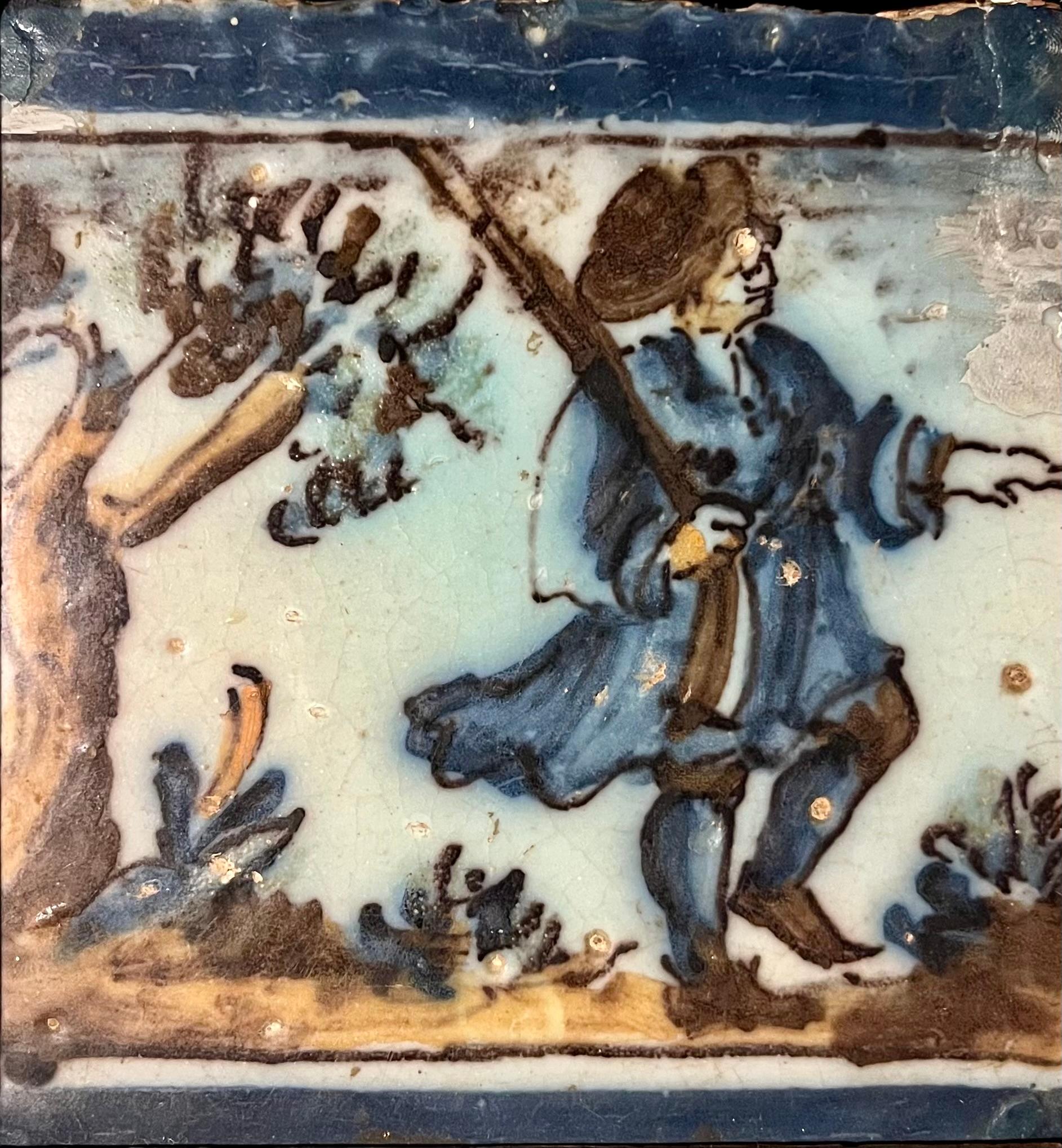 Hand-Painted Rare 17th Century Dutch Delft Polychrome Majolica Tile, Provenance For Sale