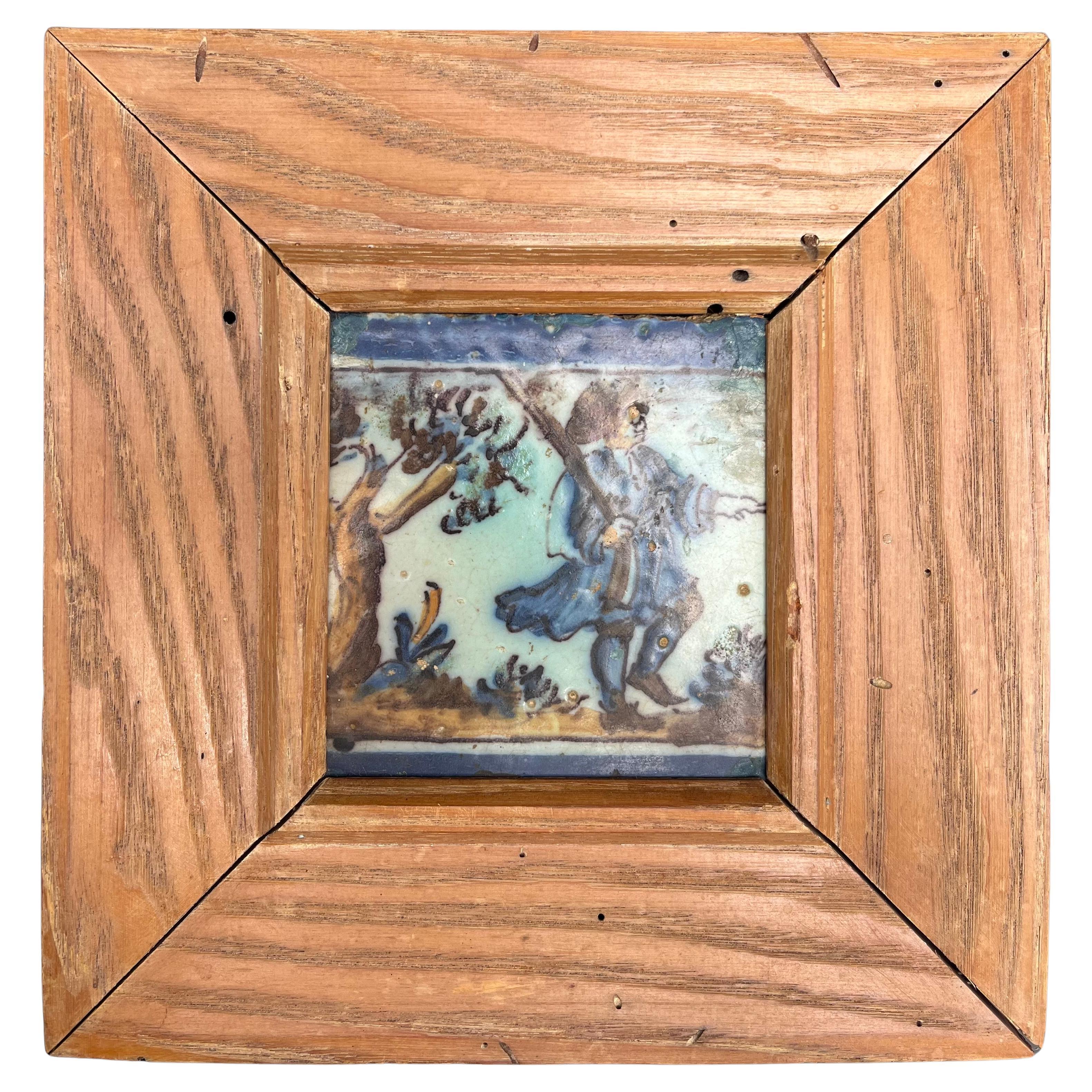 Rare 17th Century Dutch Delft Polychrome Majolica Tile, Provenance For Sale