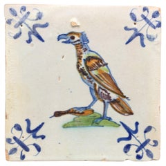 Rare 17th Century Dutch Delft Tile with Decoration of a Predator Bird with Prey