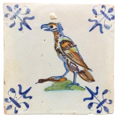 Antique Rare 17th Century Dutch Delft Tile with Decoration of a Predator Bird with Prey