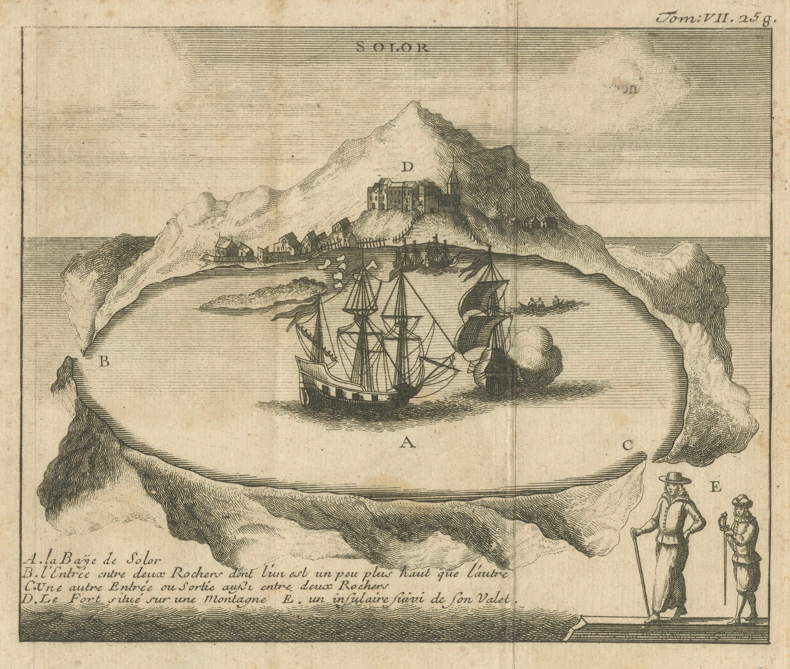 Rare 17th Century Engraving of Solor Island Fort and Bay, Indonesia, circa 1670

Description:
This rare and finely detailed 17th-century copper engraving depicts the bay and fort of Solor Island, part of the Lesser Sunda Islands in eastern