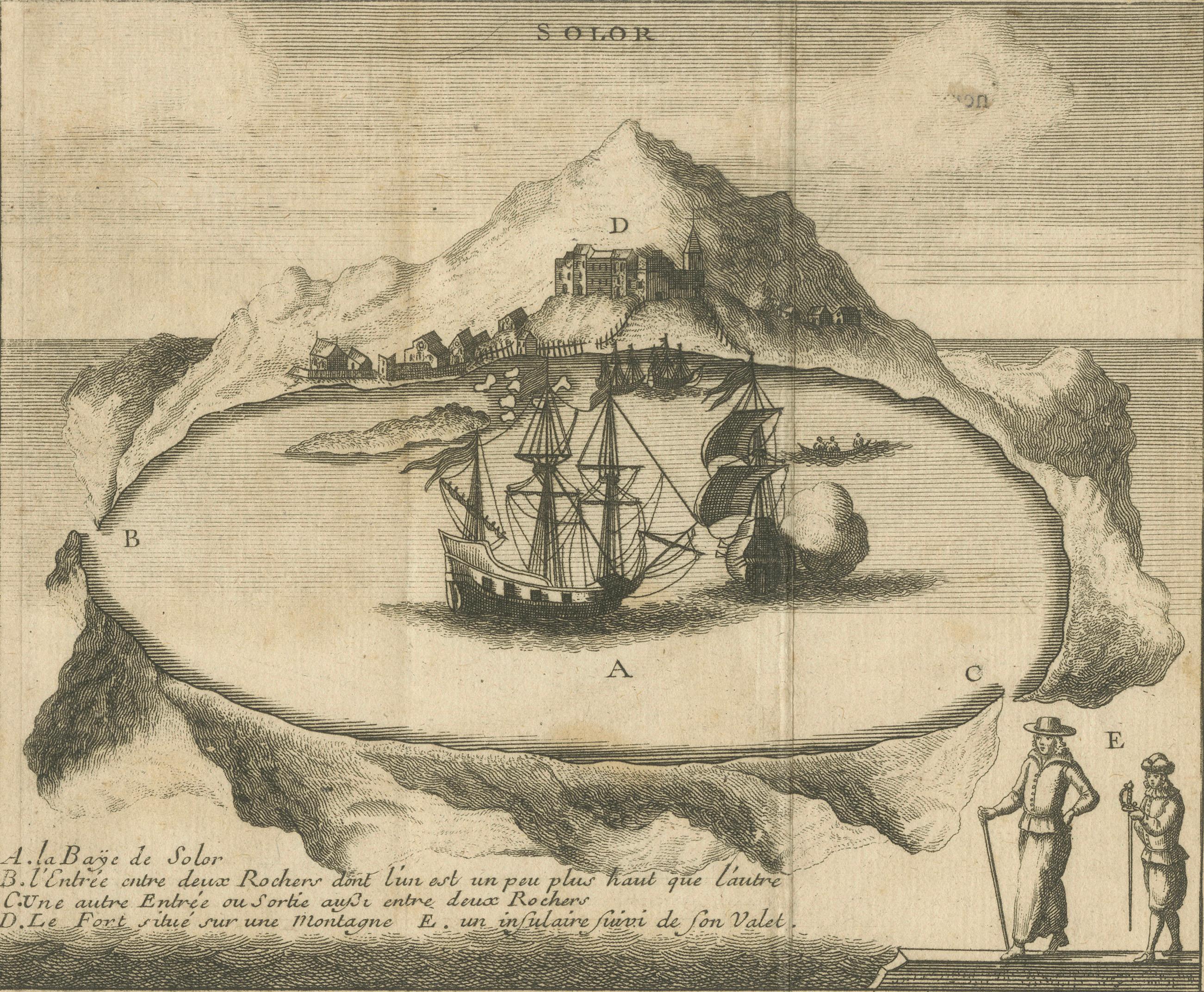 French Rare 17th Century Engraving of Solor Island Fort and Bay, Indonesia, circa 1670 For Sale
