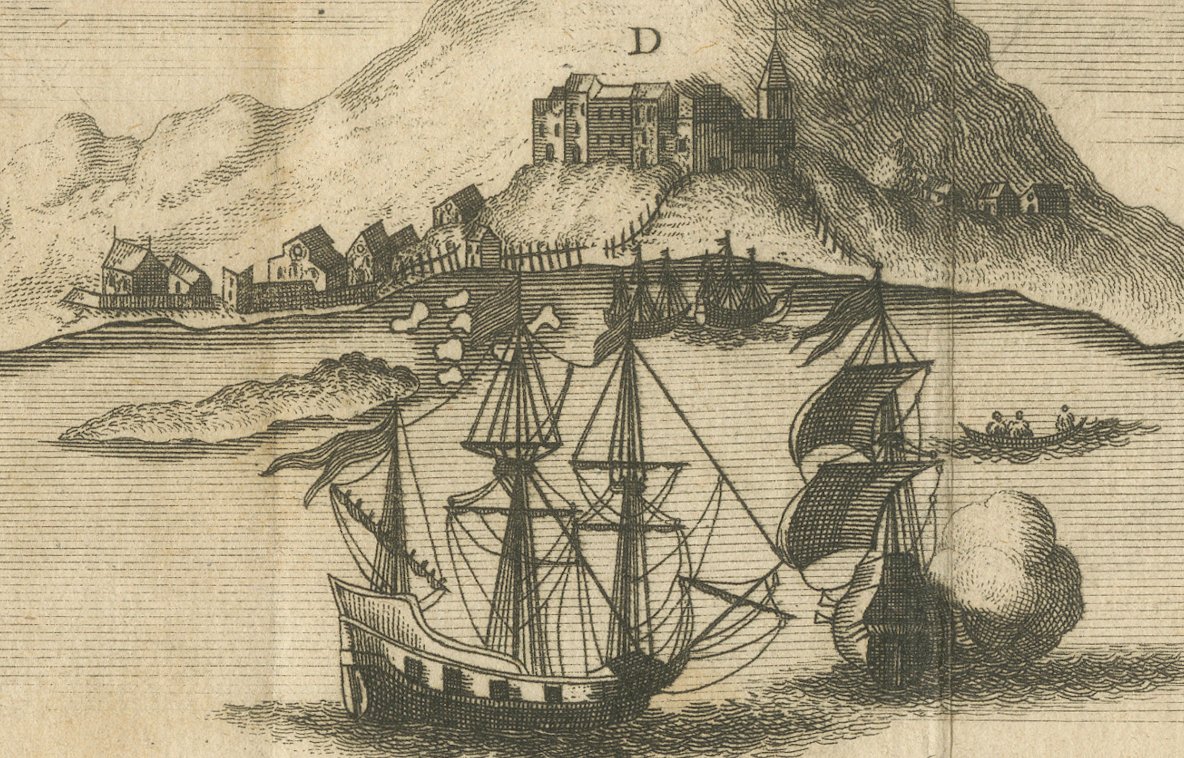 Engraved Rare 17th Century Engraving of Solor Island Fort and Bay, Indonesia, circa 1670 For Sale