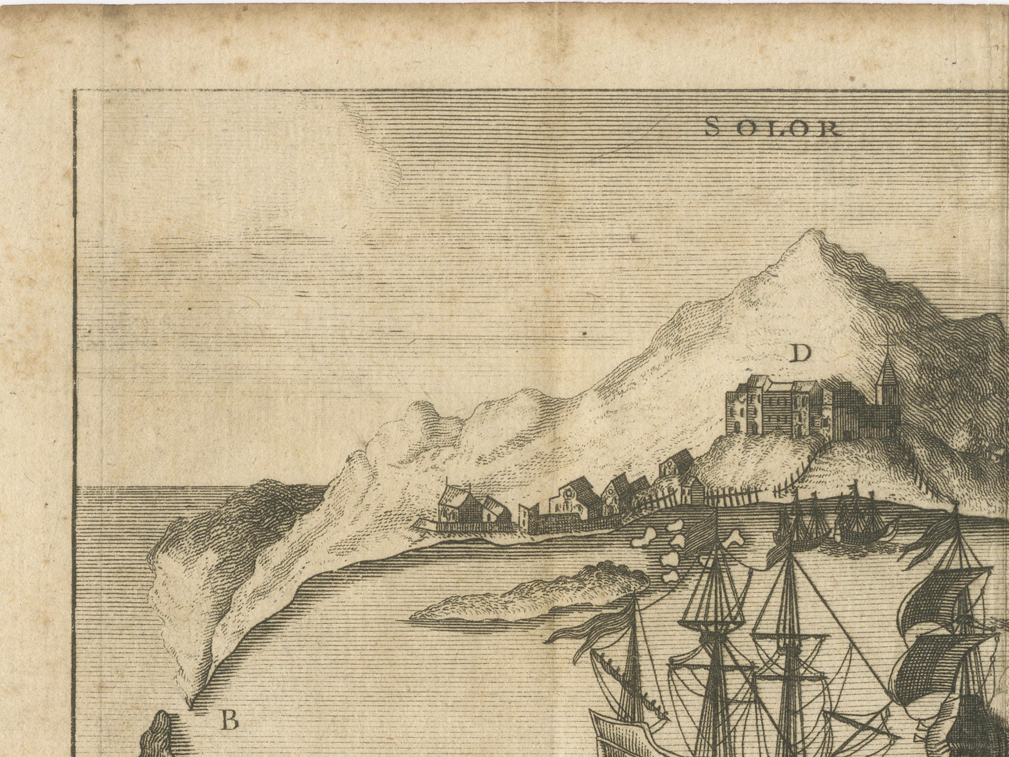 Rare 17th Century Engraving of Solor Island Fort and Bay, Indonesia, circa 1670 For Sale 1