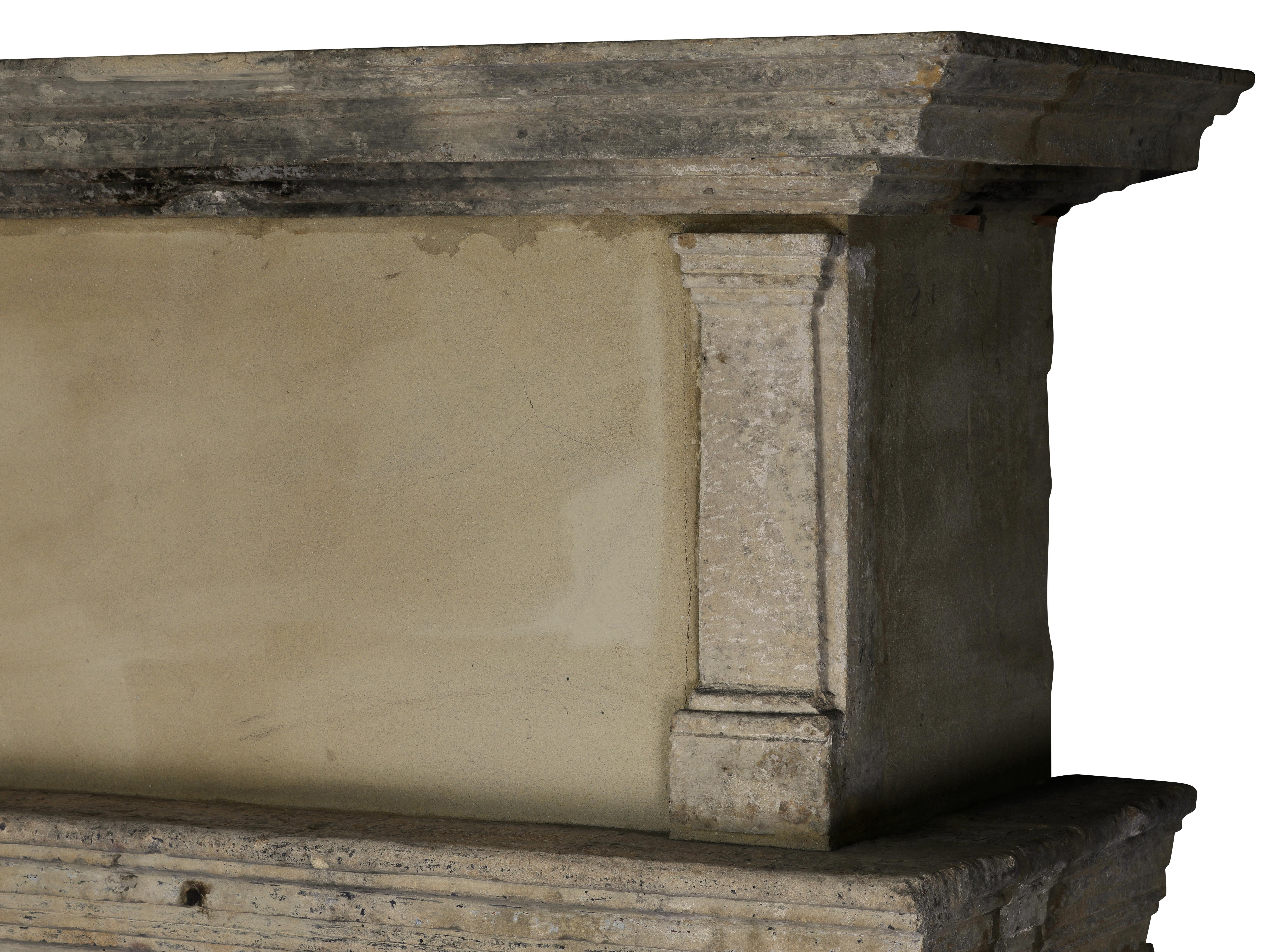 Rare 17th Century French Country Style Limestone Fireplace Mantle with Trumeau For Sale 2