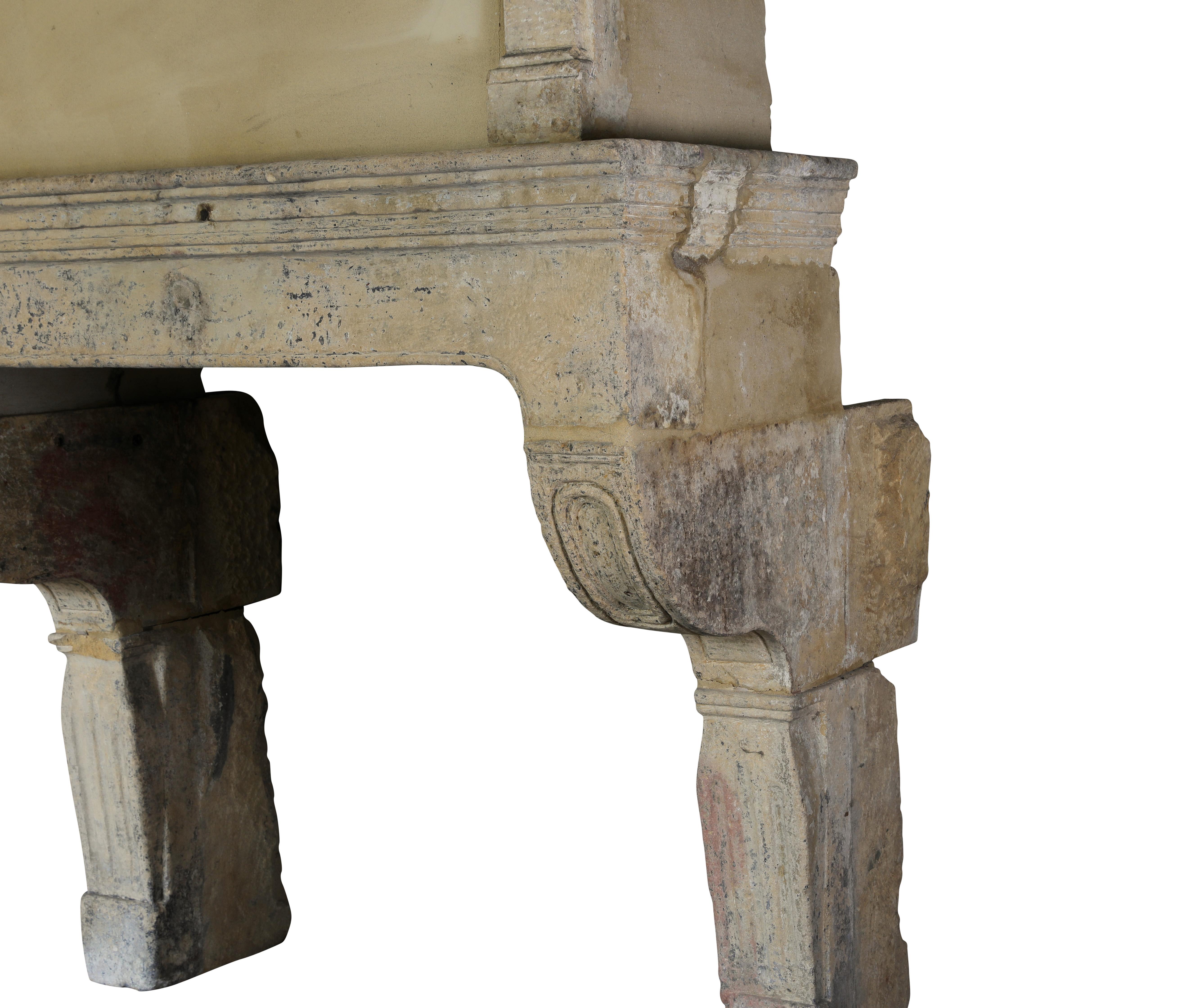 Rare 17th Century French Country Style Limestone Fireplace Mantle with Trumeau For Sale 4