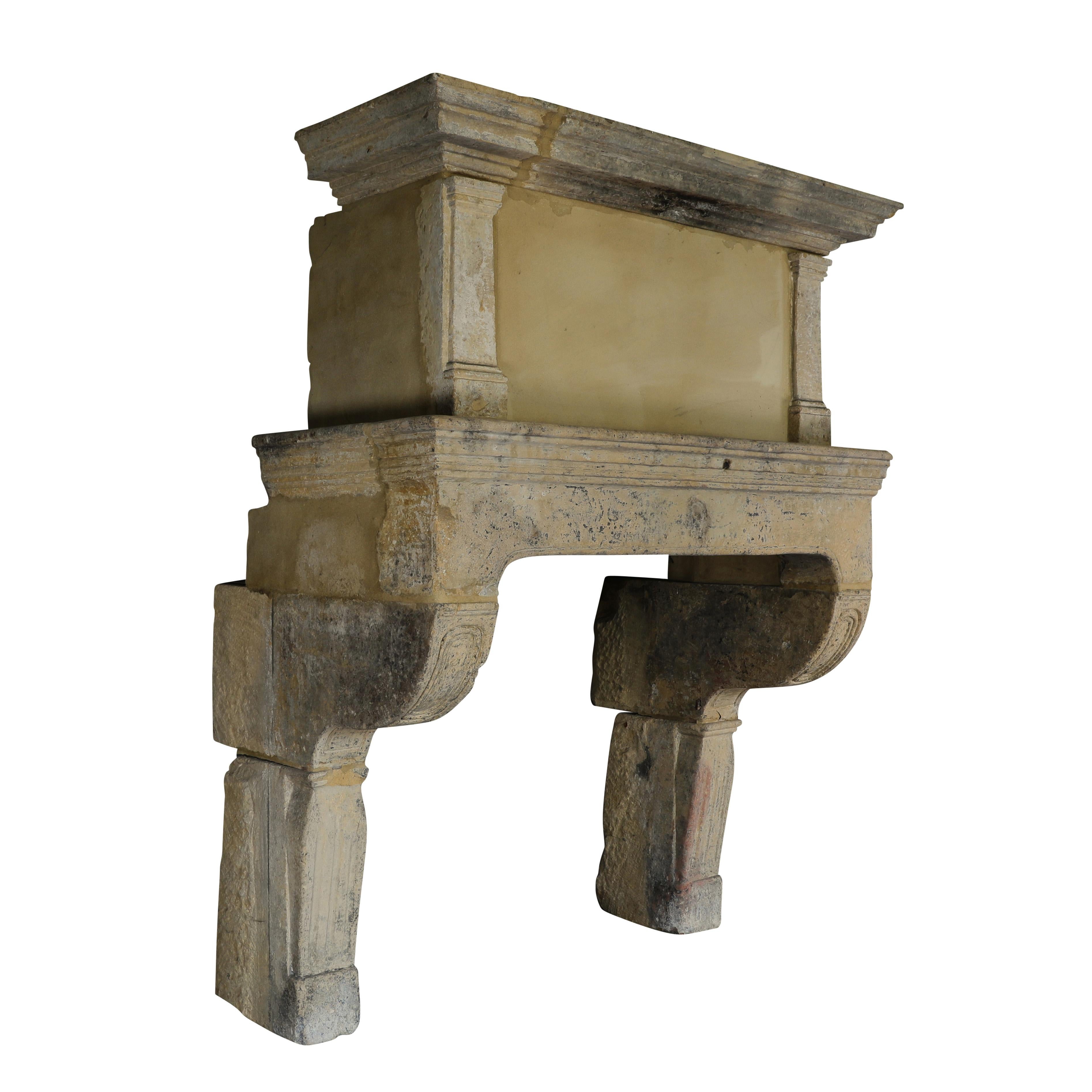 Rare 17th Century French Country Style Limestone Fireplace Mantle with Trumeau For Sale 6