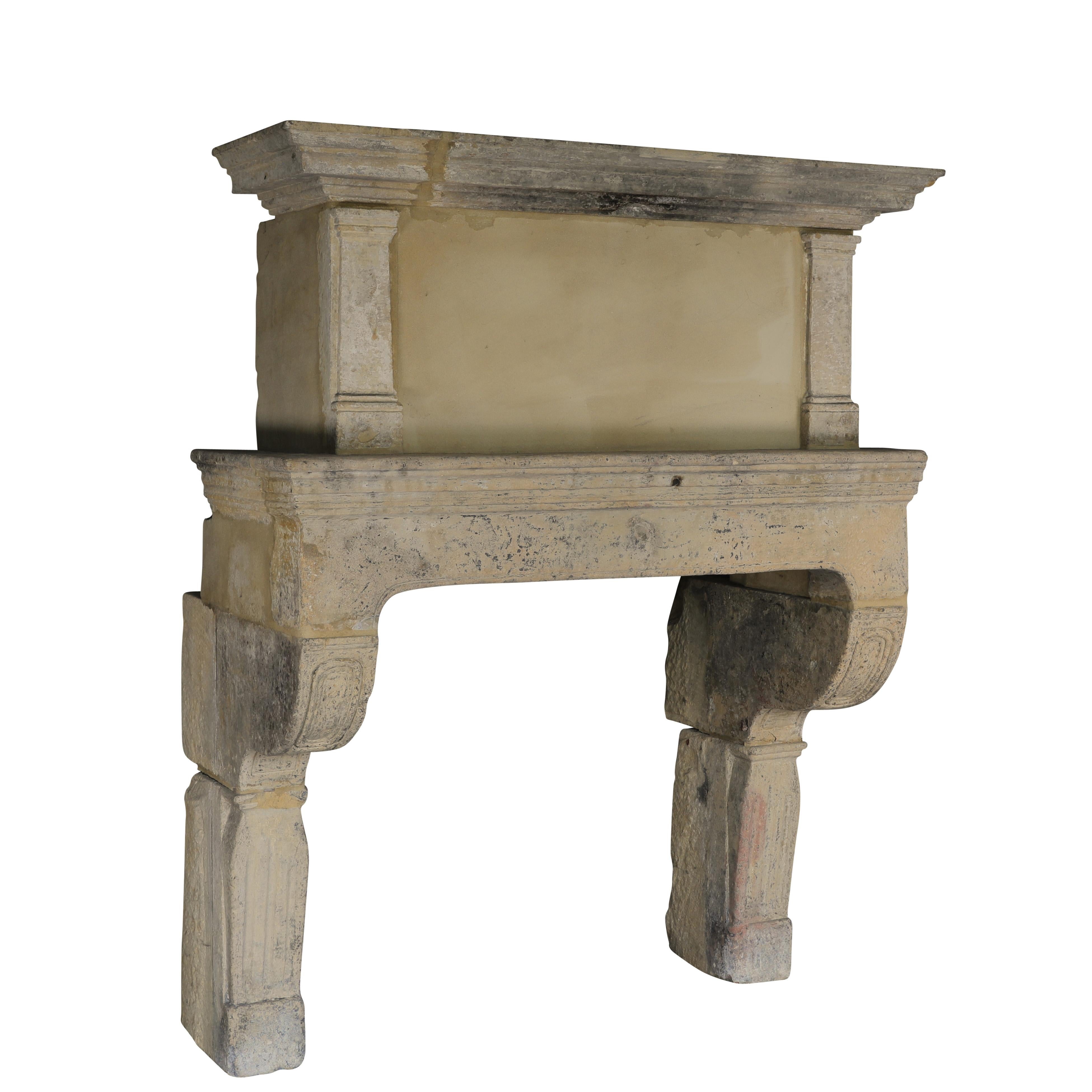 Rare 17th Century French Country Style Limestone Fireplace Mantle with Trumeau For Sale 11