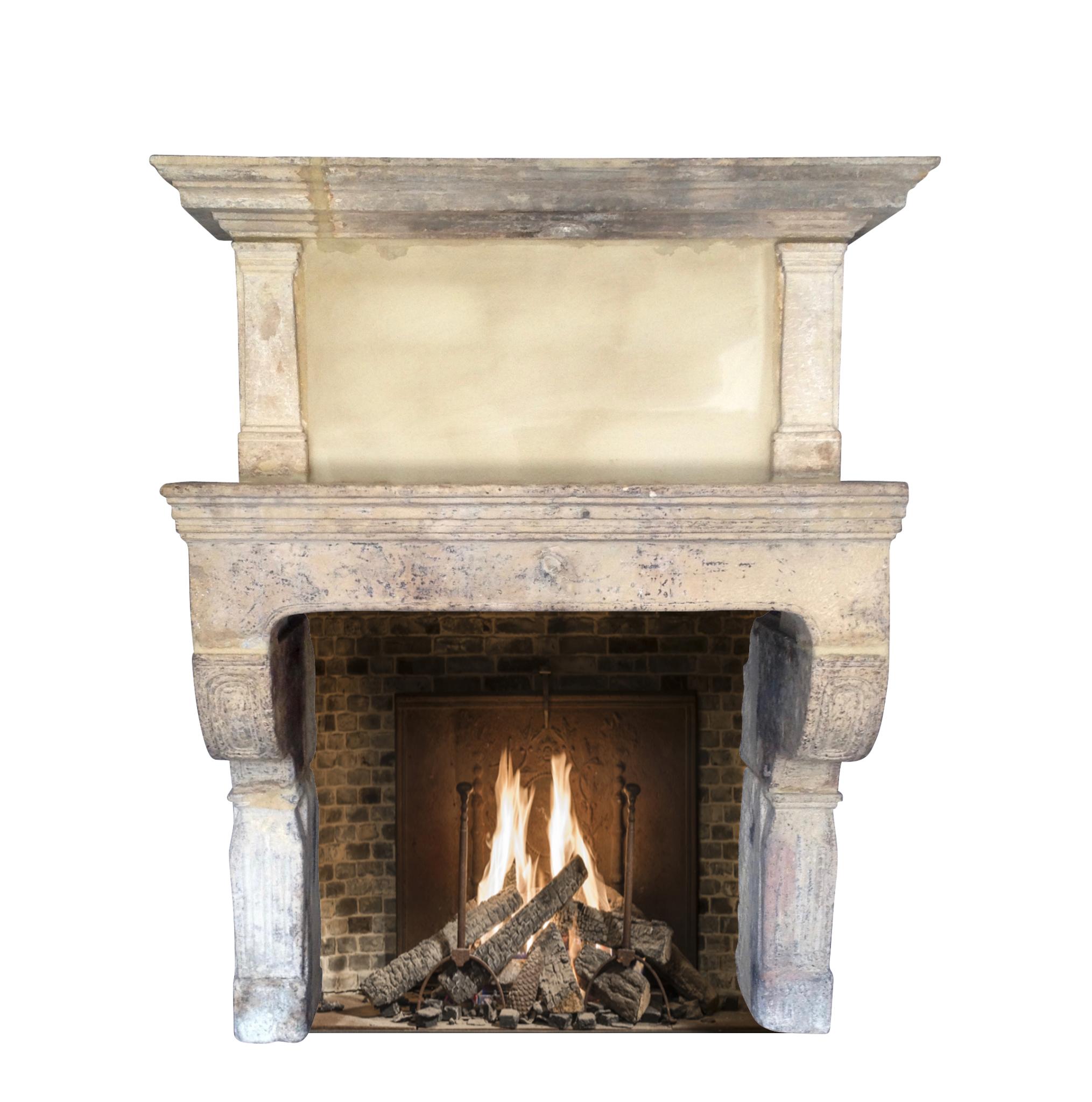 Rare 17th Century French Country Style Limestone Fireplace Mantle with Trumeau For Sale 1