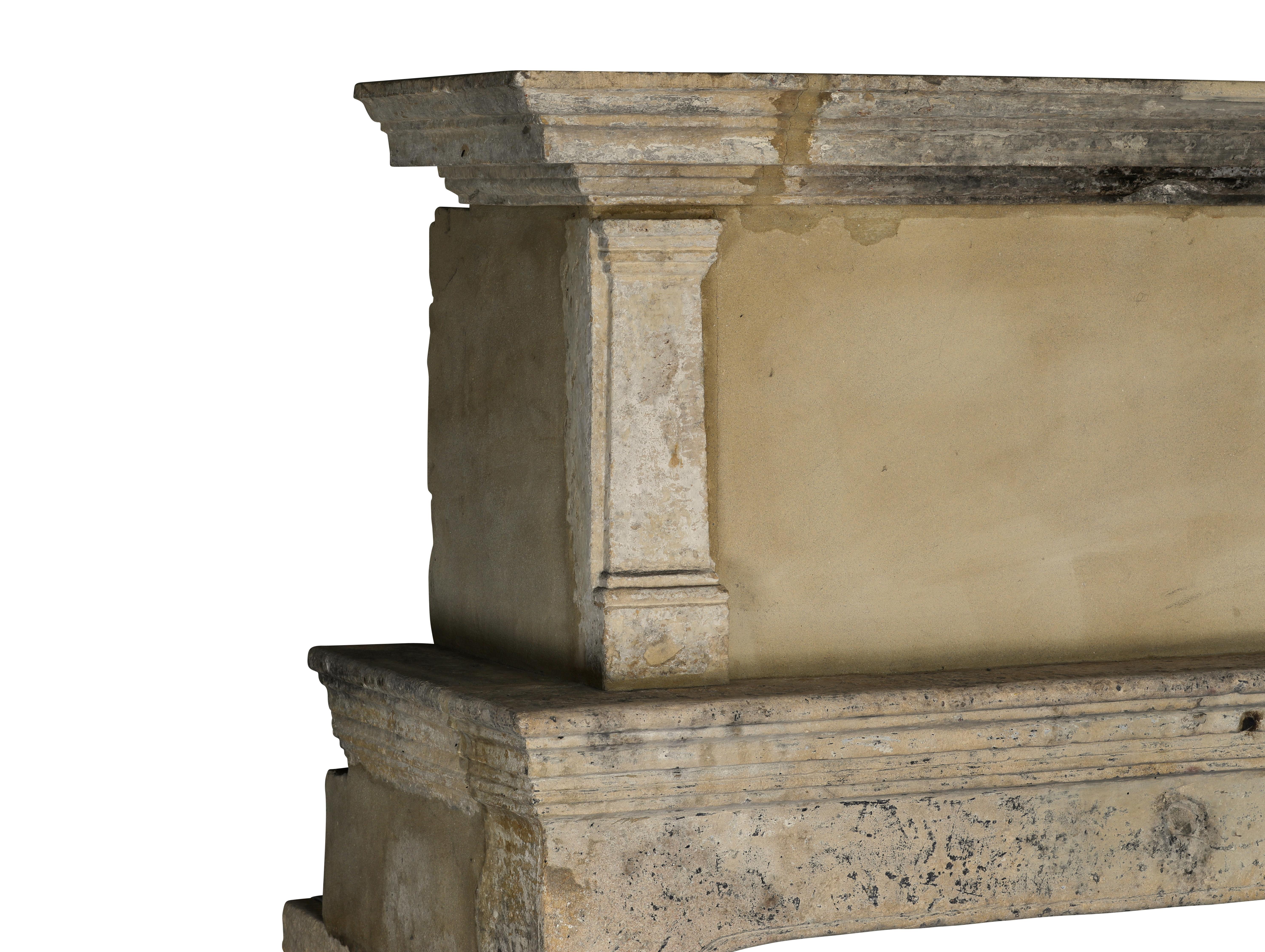 Rare 17th Century French Country Style Limestone Fireplace Mantle with Trumeau For Sale 1