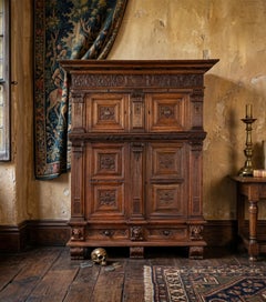 Rare 17th-Century French Louis XIII Carved Oak Cabinet