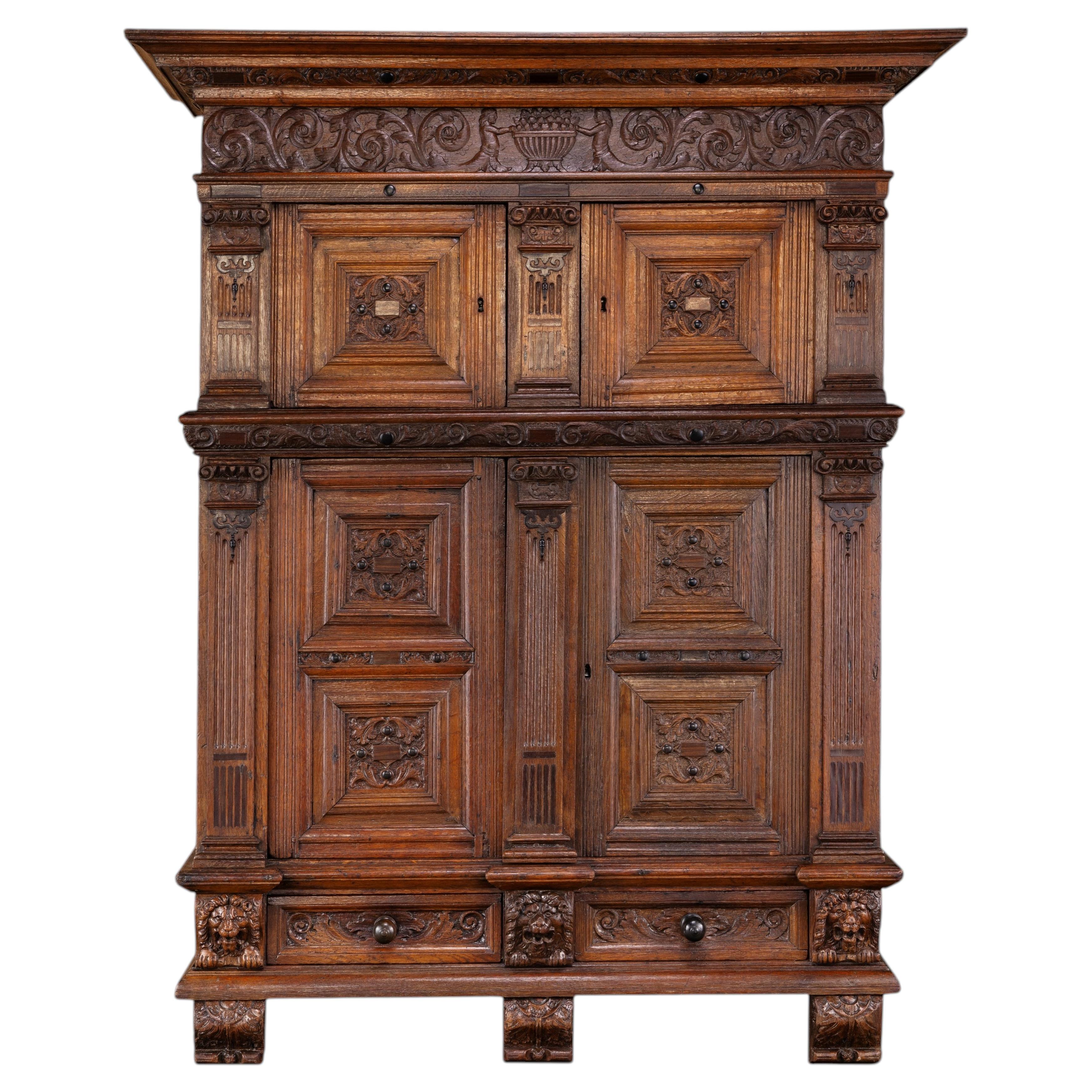 Rare 17th-Century French Louis XIII Carved Oak Cabinet
