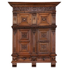 Rare 17th-Century French Louis XIII Carved Oak Cabinet