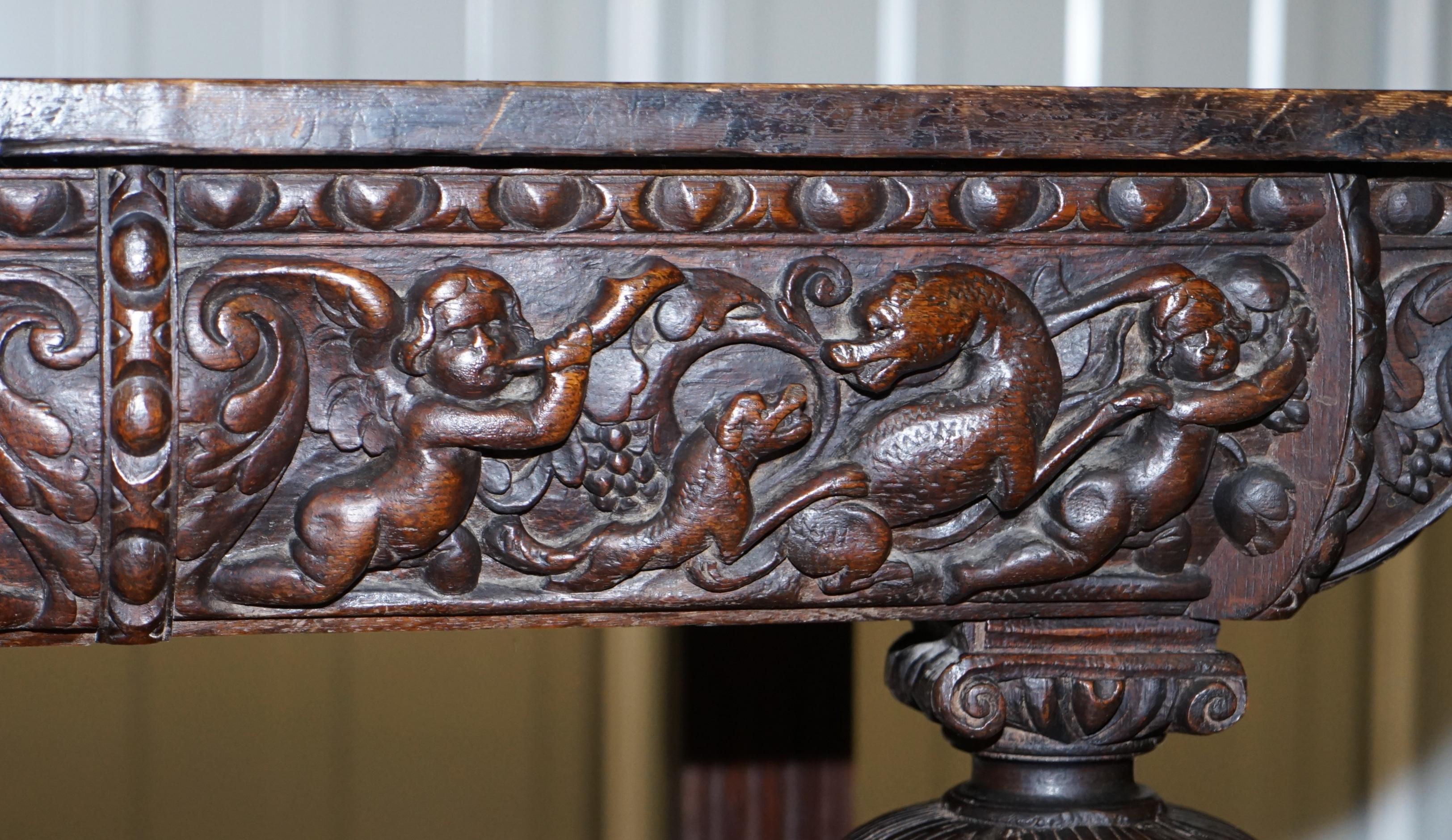 Rare 17th Century Hand Carved Oak Italian Console Serving Table Cherubs Angels 4