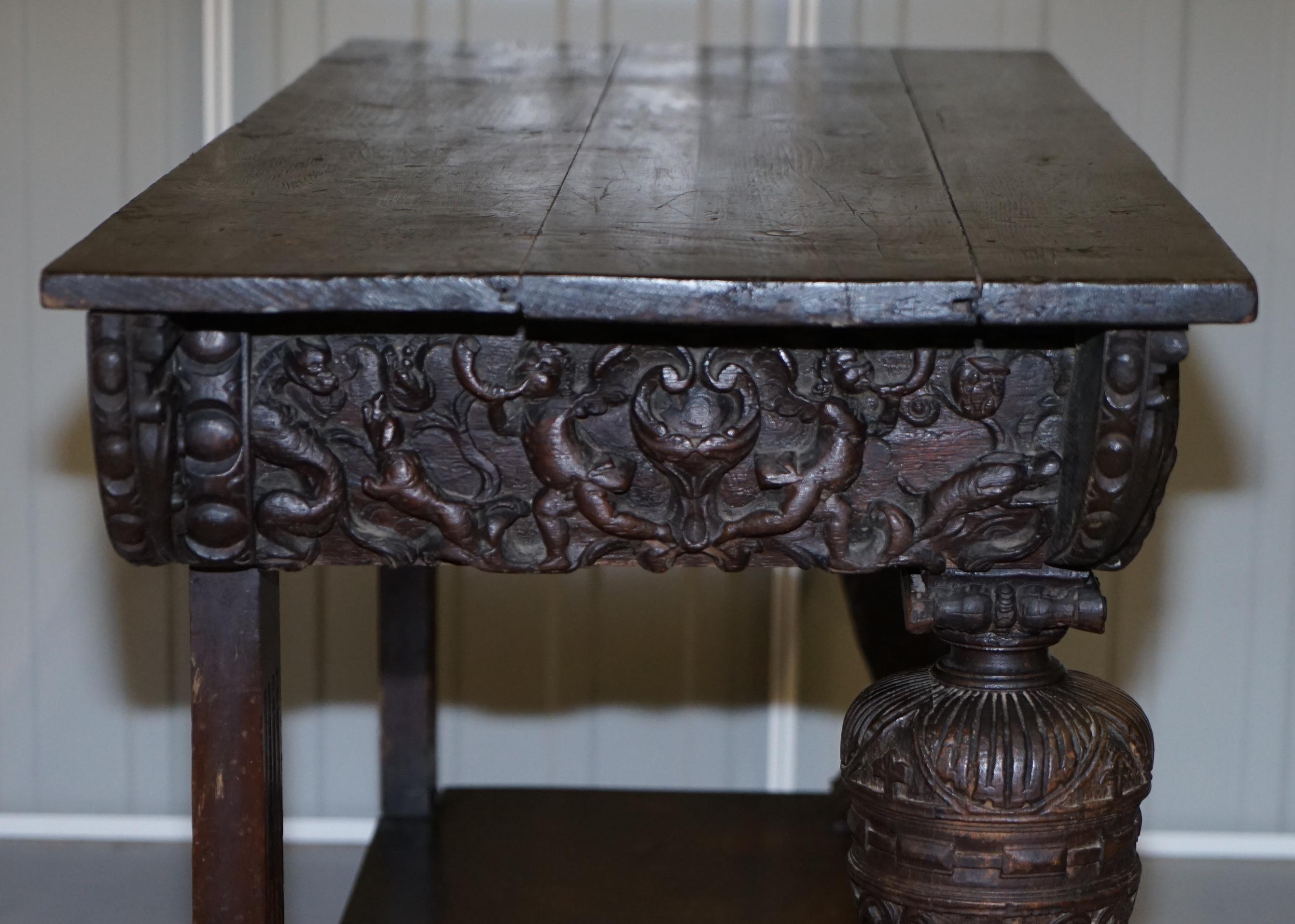 Rare 17th Century Hand Carved Oak Italian Console Serving Table Cherubs Angels 10