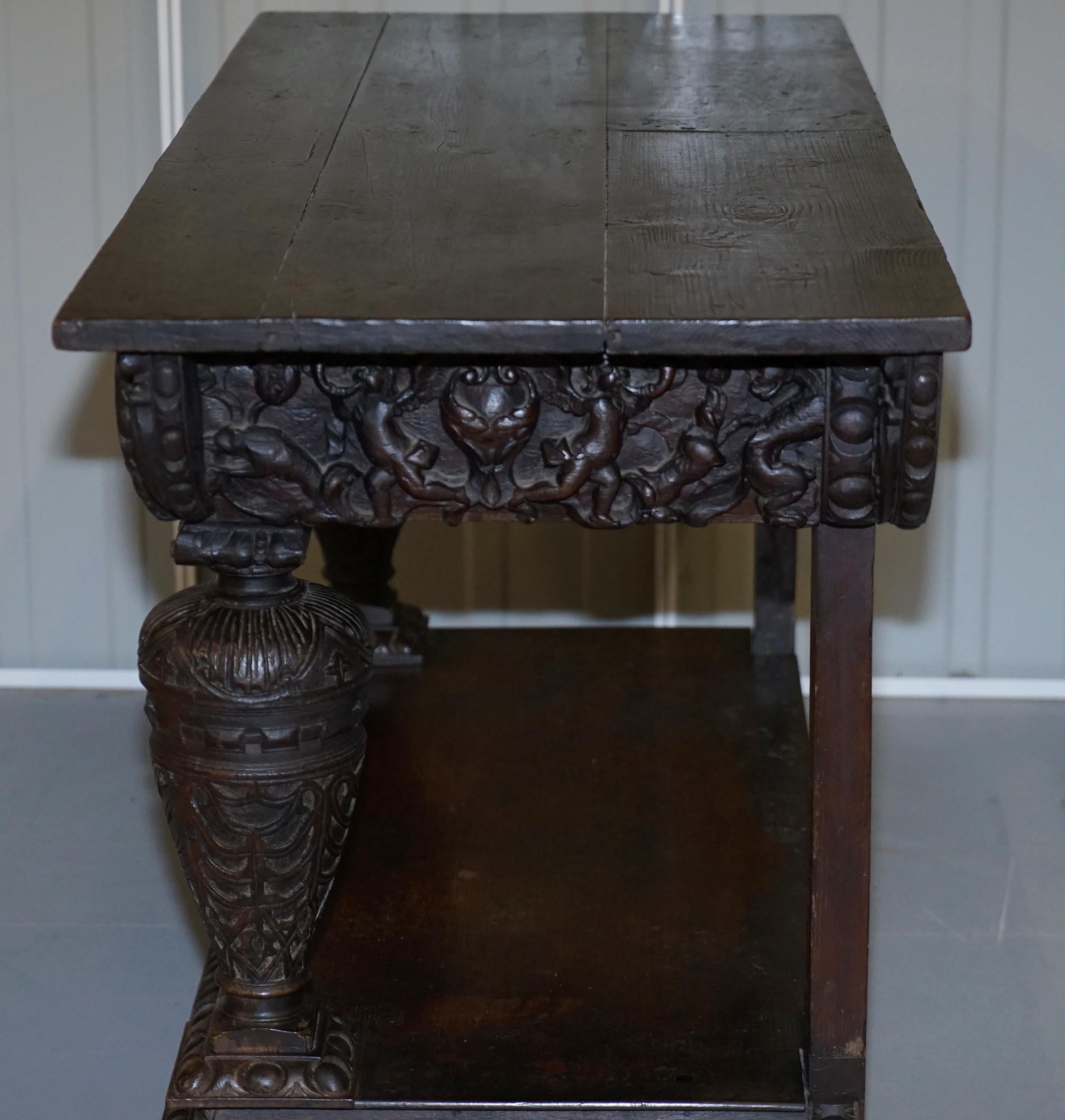 Rare 17th Century Hand Carved Oak Italian Console Serving Table Cherubs Angels 14