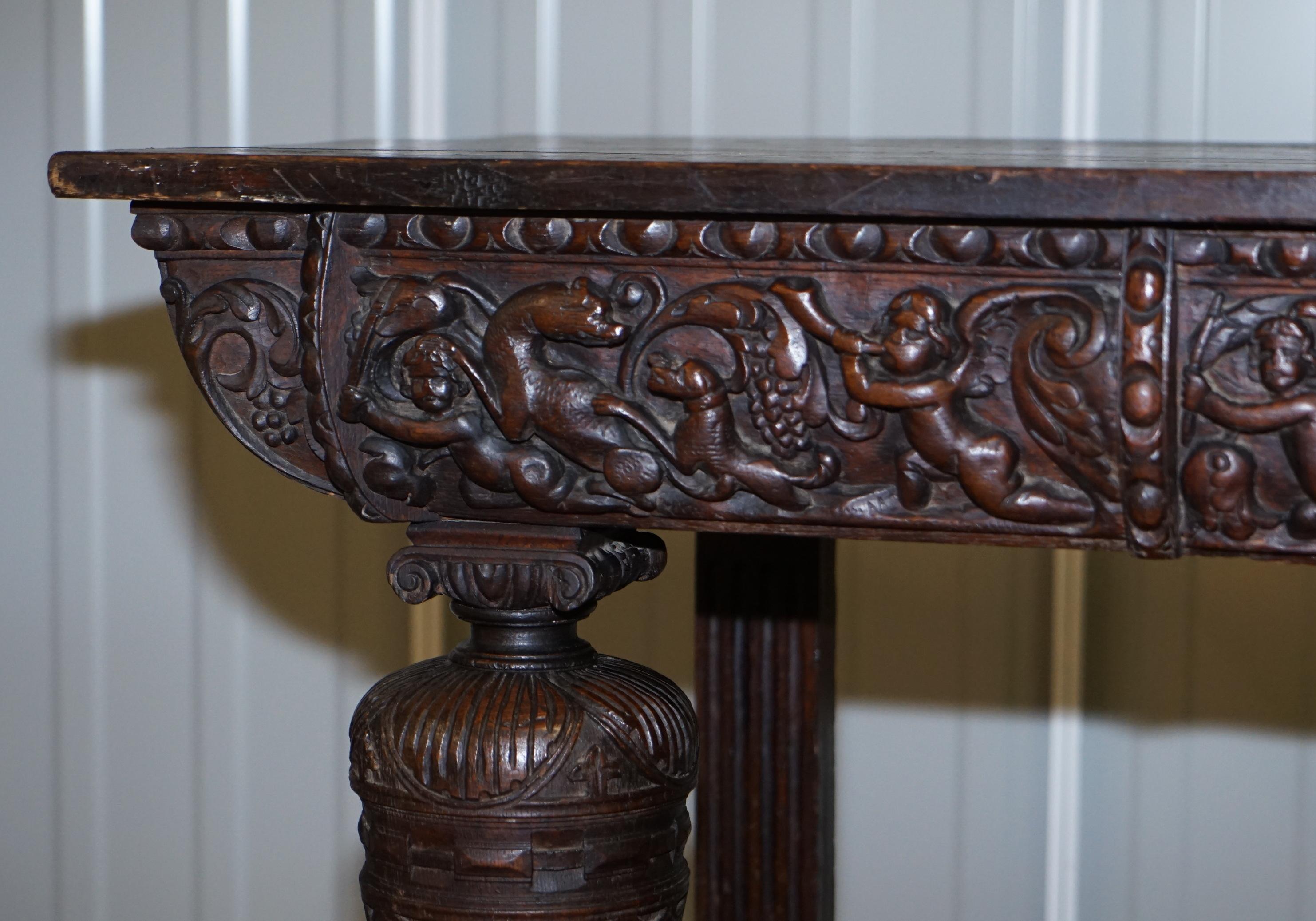 Charles II Rare 17th Century Hand Carved Oak Italian Console Serving Table Cherubs Angels
