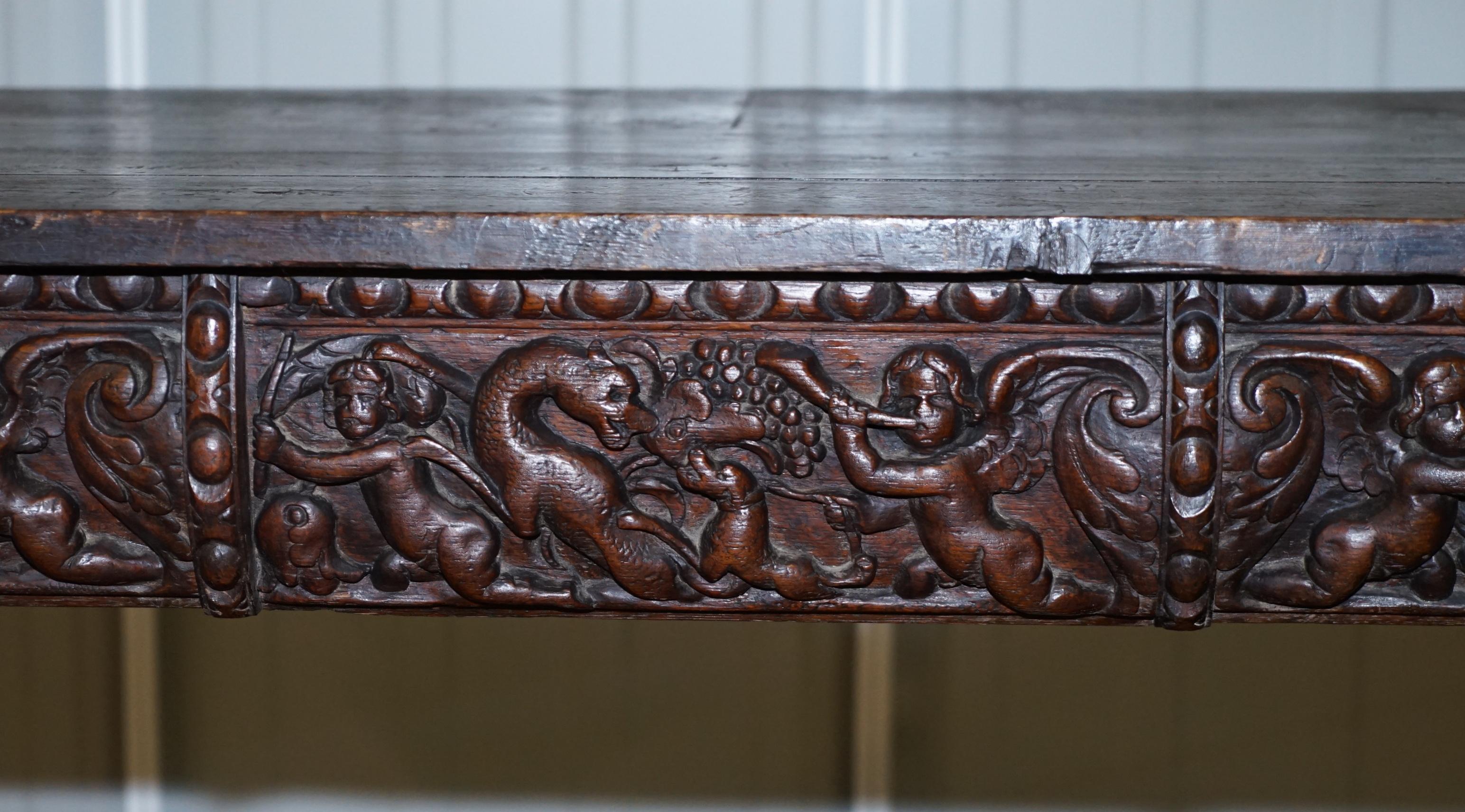 Rare 17th Century Hand Carved Oak Italian Console Serving Table Cherubs Angels 1