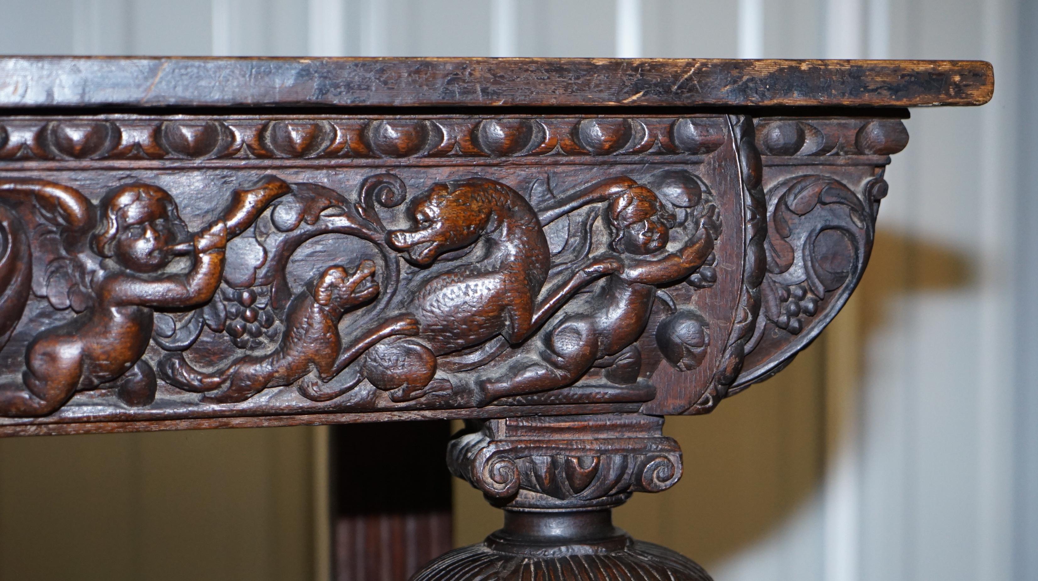 Rare 17th Century Hand Carved Oak Italian Console Serving Table Cherubs Angels 3