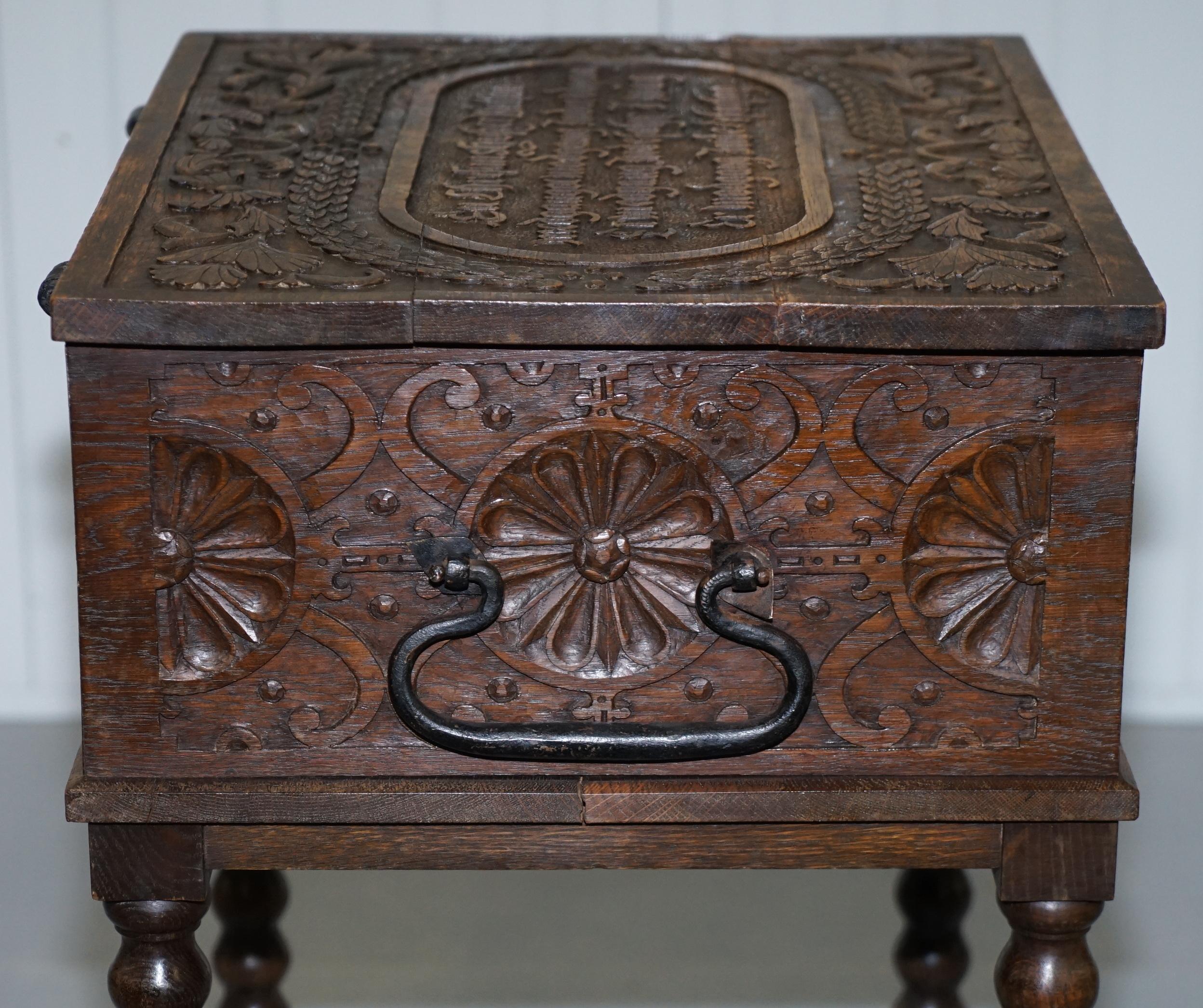 Rare 17th Century Heavily Carved Box & Stand Danish Inscription, Marriage Chest 7