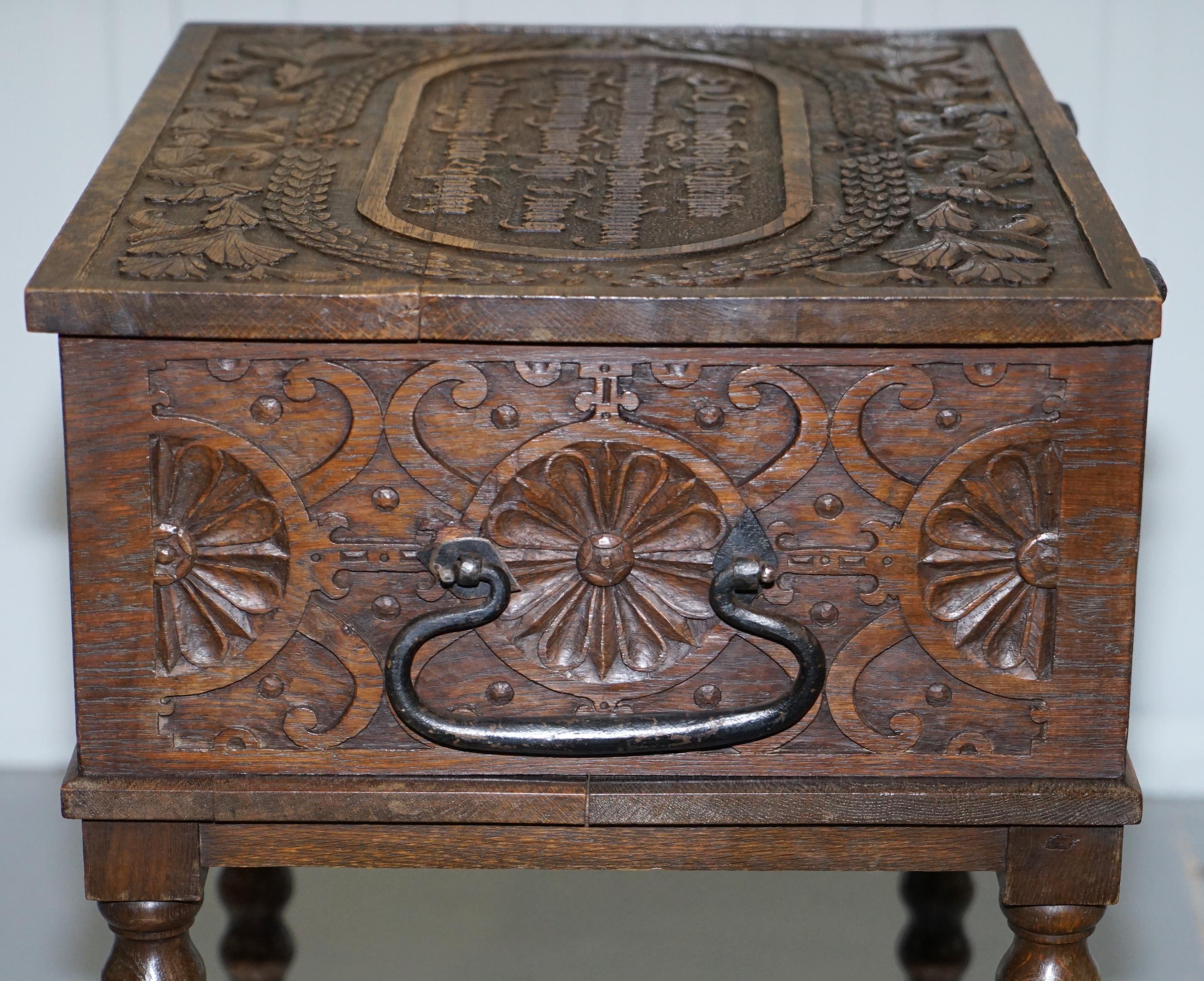 Rare 17th Century Heavily Carved Box & Stand Danish Inscription, Marriage Chest 8