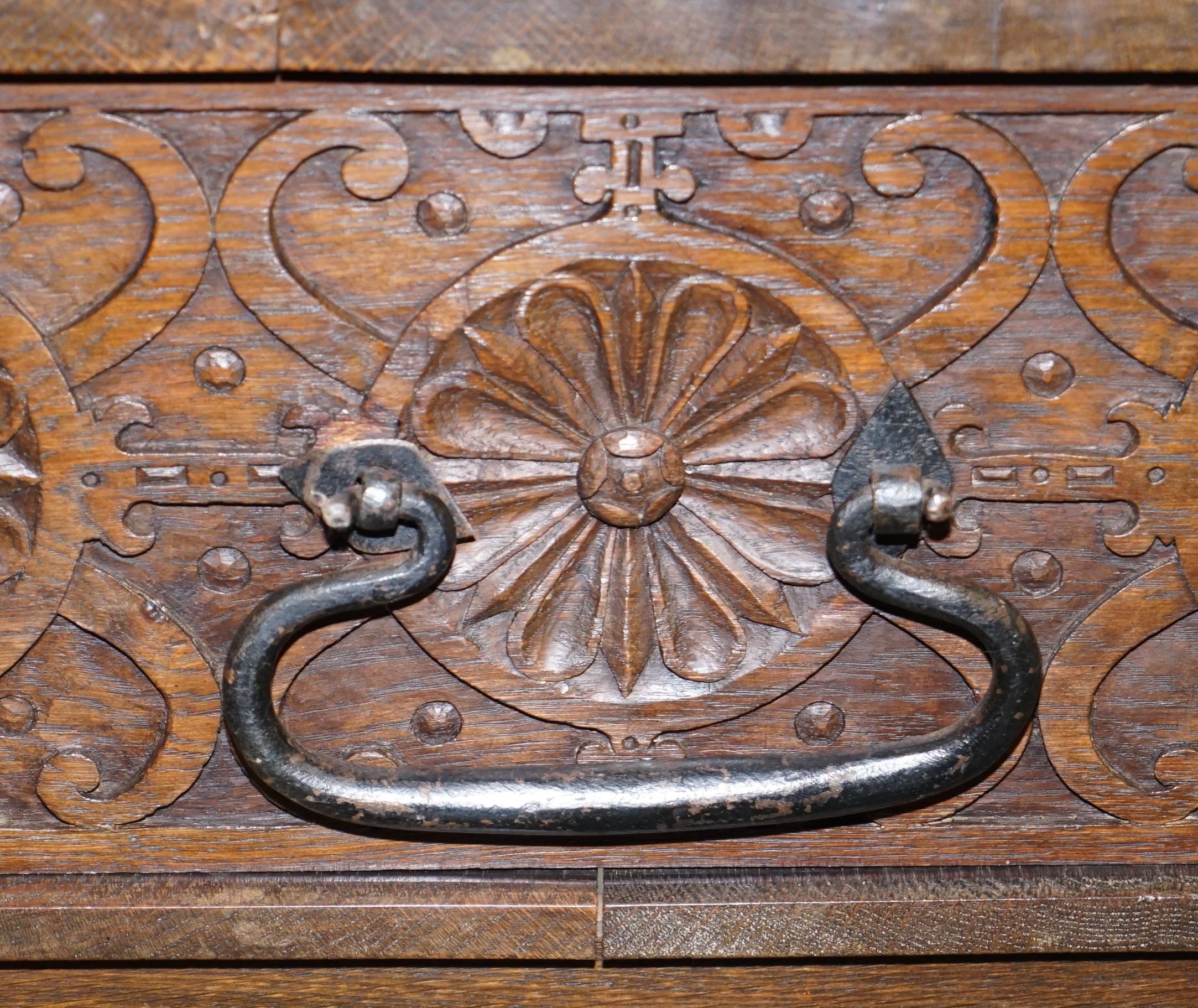 Rare 17th Century Heavily Carved Box & Stand Danish Inscription, Marriage Chest 9