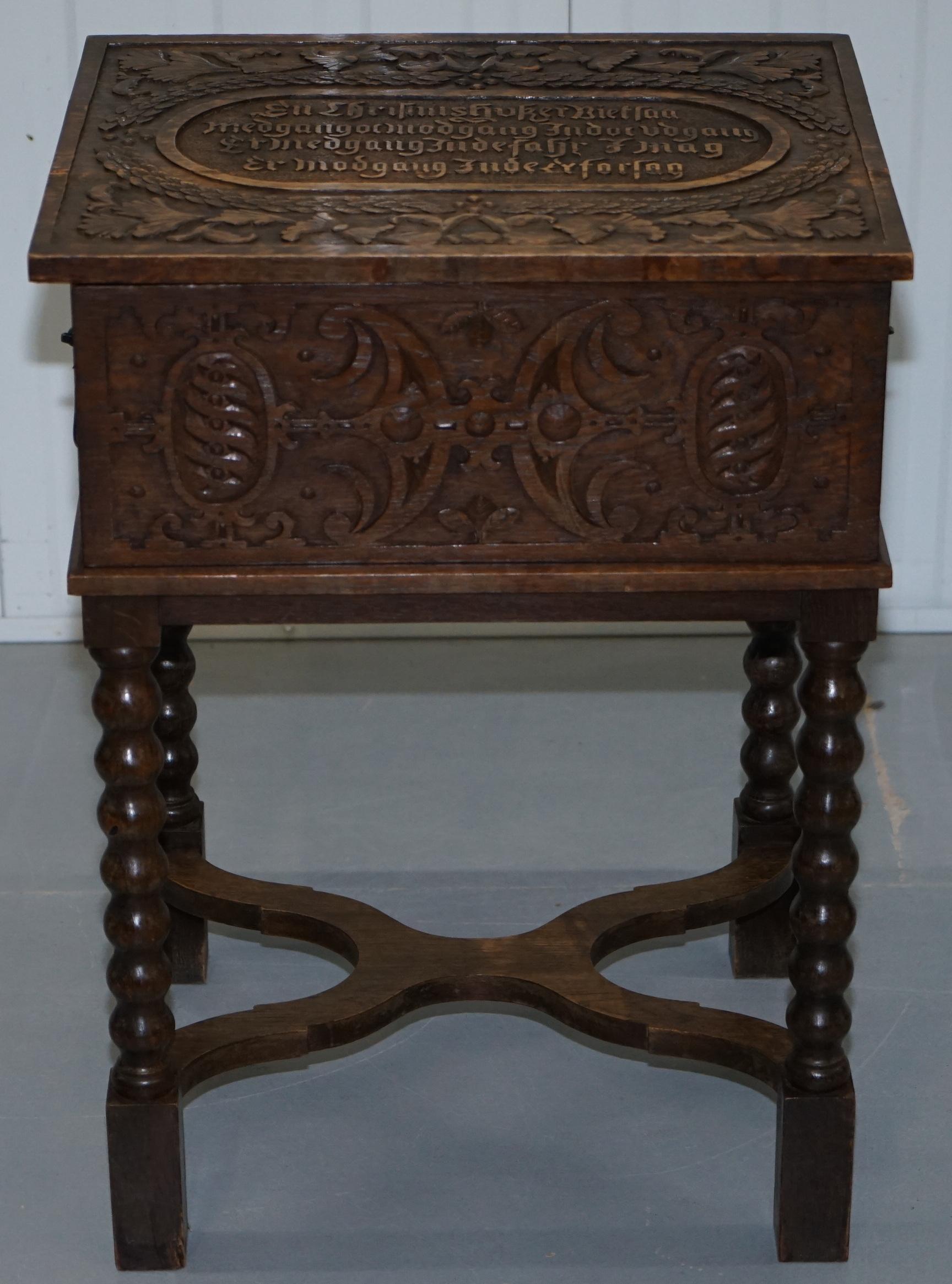 We are delighted to offer for sale lovely original hand carved from solid Oak Danish chest on stand, possibly a marriage chest

A good looking and well-made piece, the top is fully inscribed, I haven’t tried to translate it, I think its old Dutch