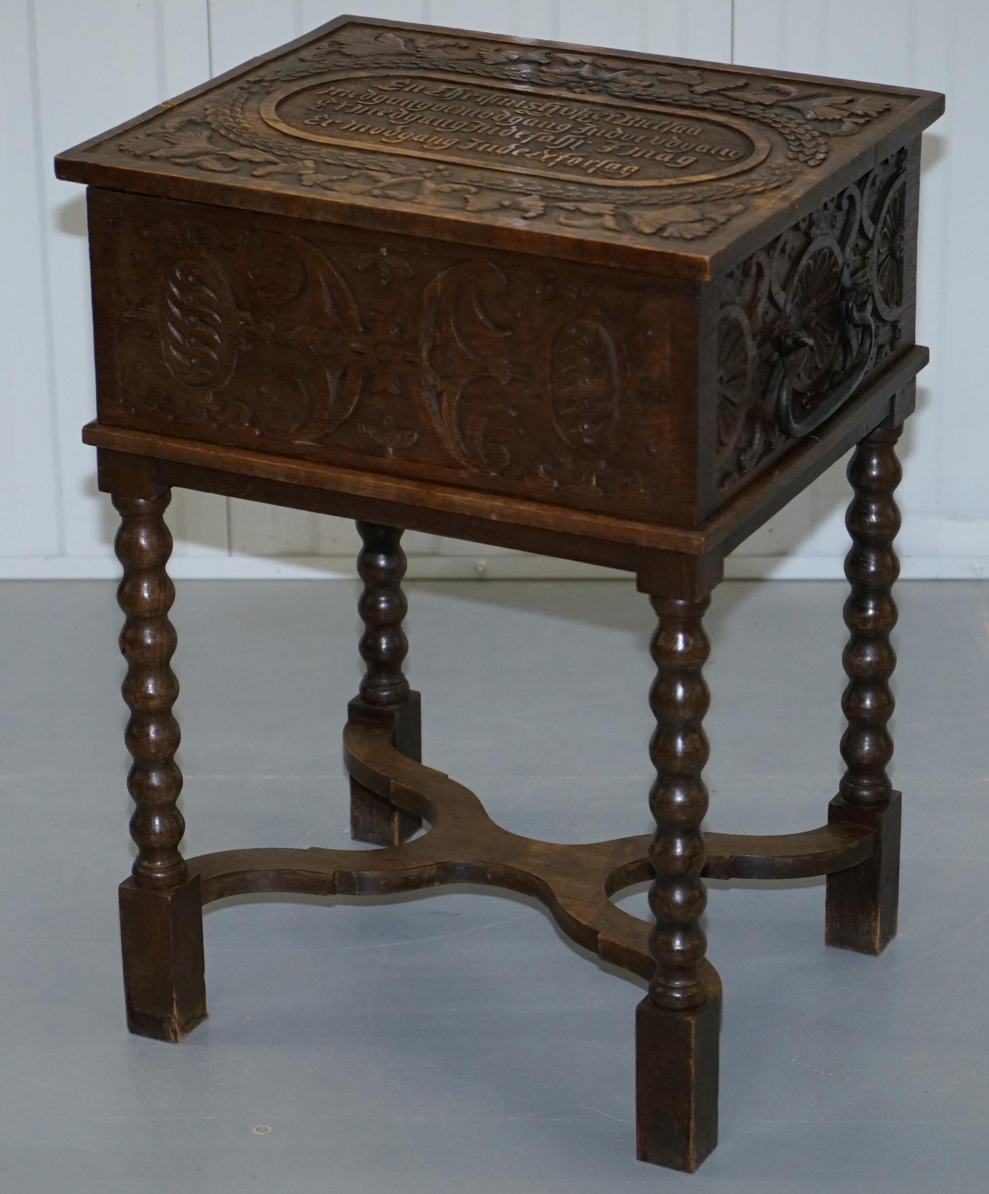 Jacobean Rare 17th Century Heavily Carved Box & Stand Danish Inscription, Marriage Chest