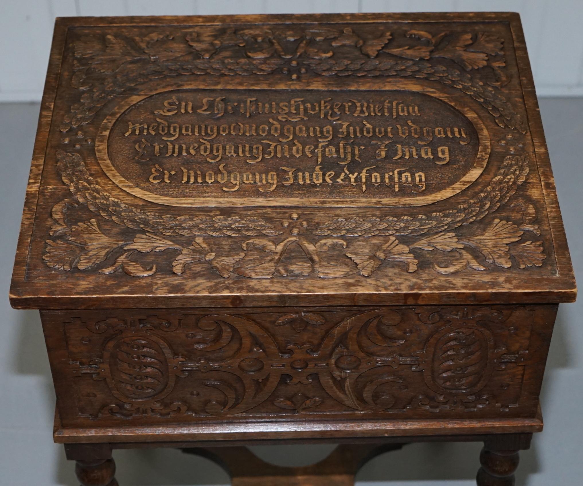 Hand-Carved Rare 17th Century Heavily Carved Box & Stand Danish Inscription, Marriage Chest